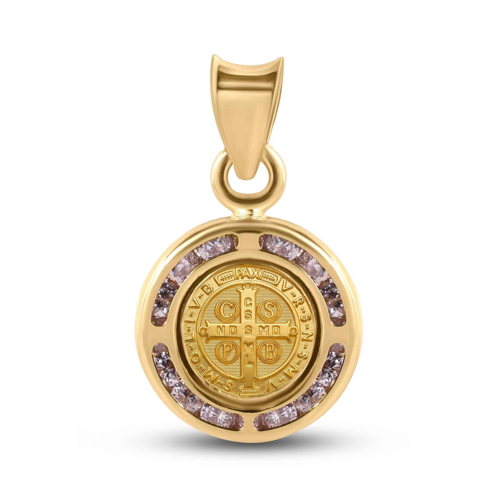 14P00107. - 14 Karat Yellow Gold 11.5mm Saint Benedict Medal Clear CZ Pendant