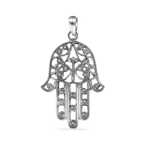 925 Sterling Silver Oxidized Filigree Hamsa Pendant - OXP00012