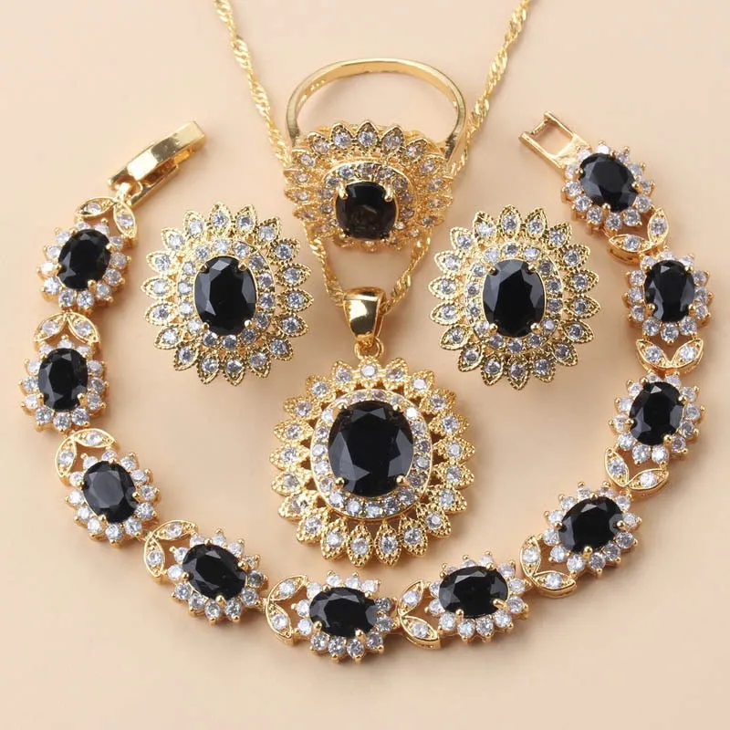 African Wedding Necklace Big Sunflower Jewelry Sets Gold Color Luxury Woman Earrings Charm Bracelet And Ring Bridal Costume