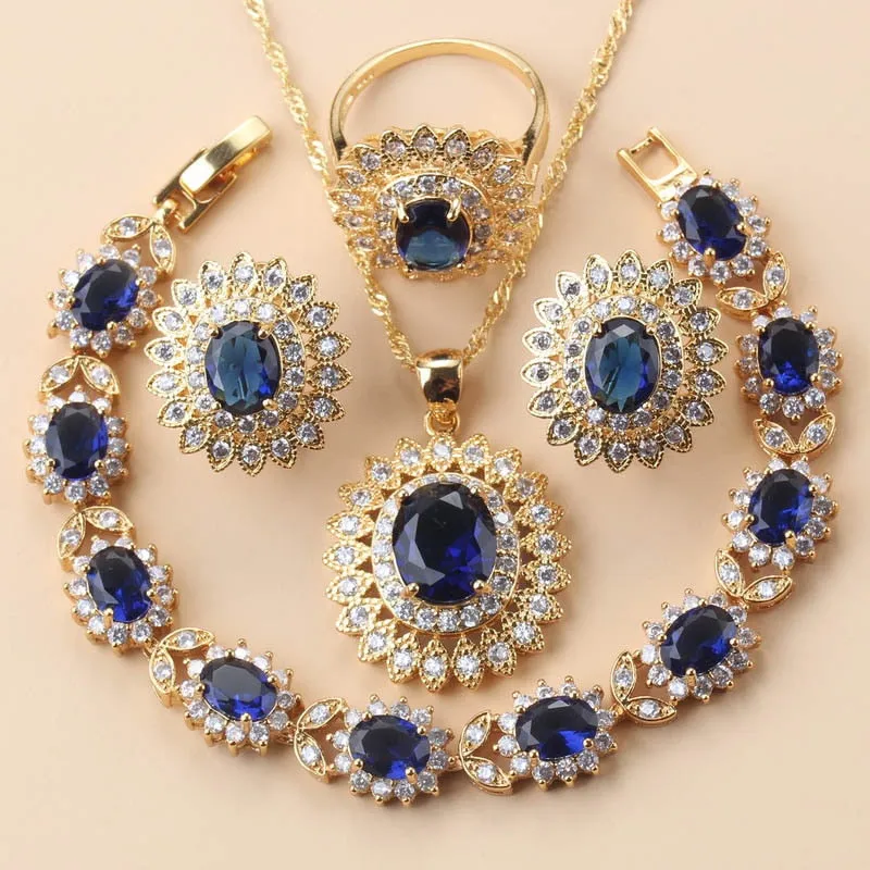 African Wedding Necklace Big Sunflower Jewelry Sets Gold Color Luxury Woman Earrings Charm Bracelet And Ring Bridal Costume