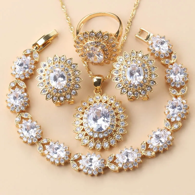 African Wedding Necklace Big Sunflower Jewelry Sets Gold Color Luxury Woman Earrings Charm Bracelet And Ring Bridal Costume