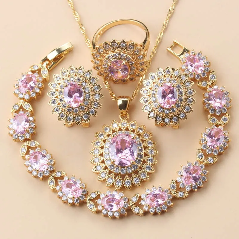 African Wedding Necklace Big Sunflower Jewelry Sets Gold Color Luxury Woman Earrings Charm Bracelet And Ring Bridal Costume