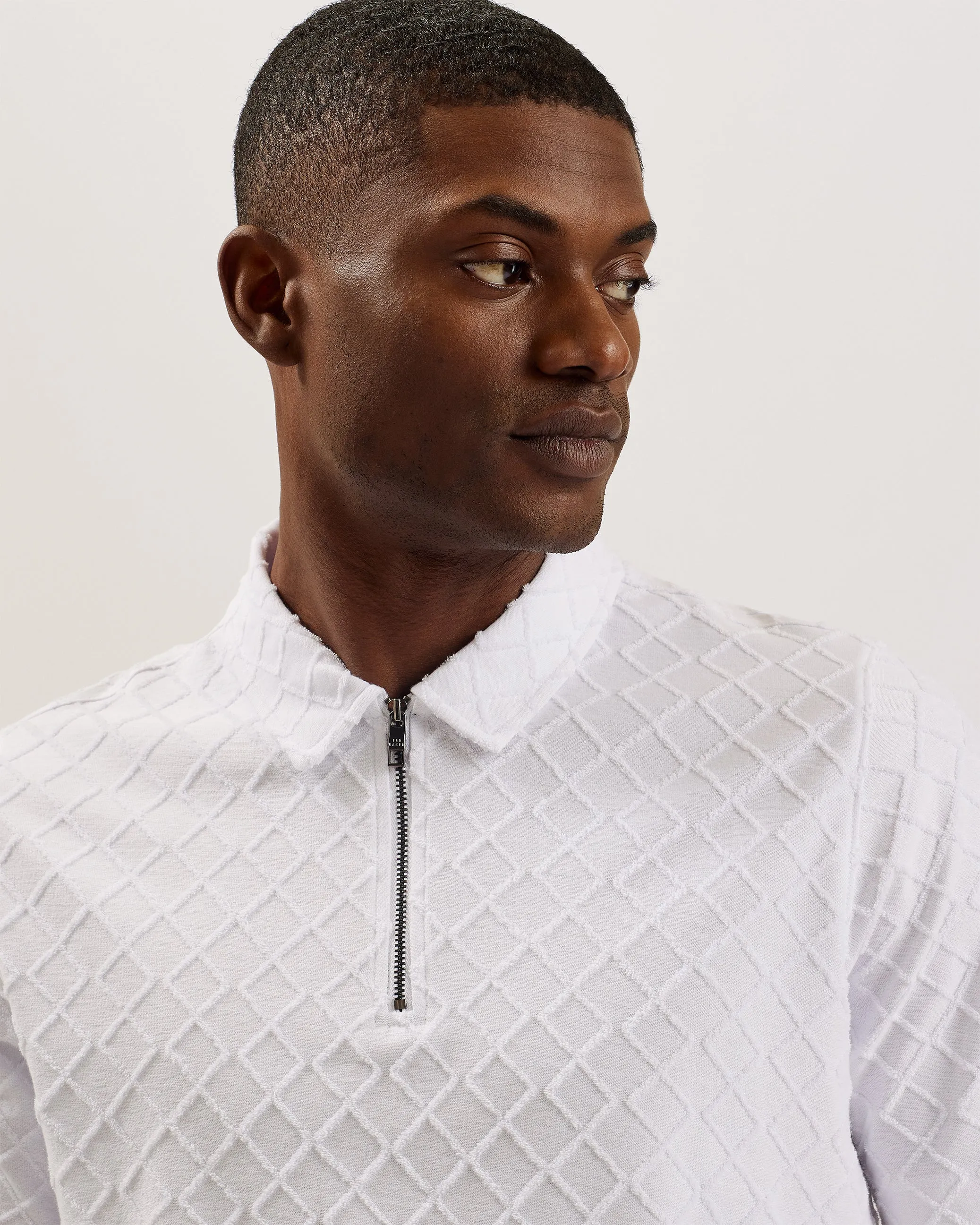 Ansom Zip-Neck Textured Towelling Cotton Polo White