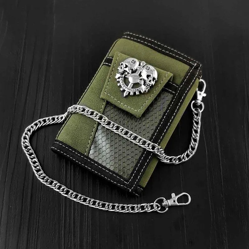 BADASS ARMY GREEN Canvas MENS TRIFOLD SMALL BIKER WALLETS CHAIN WALLET WALLET WITH CHAINS FOR MEN