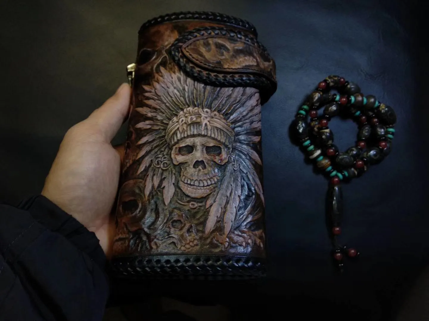 Badass Black Leather Men's Indian Chief Skull Biker Wallet Handmade Tooled Zipper Long Wallets For Men