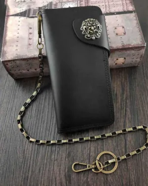 Badass Black Leather Men's Long Biker Chain Wallet Black Long Wallet with Chain For Men