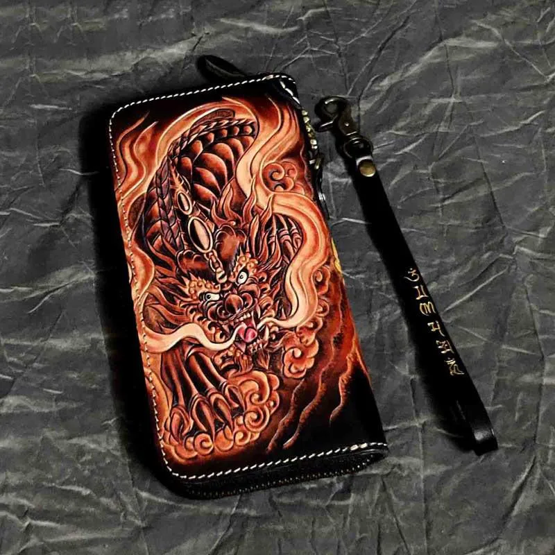 Badass Black Leather Men's Long Biker Handmade Wallet Beast Tooled Zipper Long Chain Wallets For Men