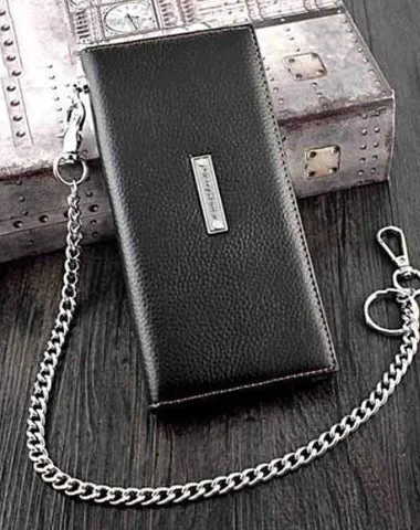 Badass Black Leather Men's Punk Long Biker Chain Wallet Cool Black Bifold Long Wallets with Chain For Men