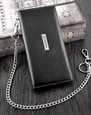 Badass Black Leather Men's Punk Long Biker Chain Wallet Cool Black Bifold Long Wallets with Chain For Men