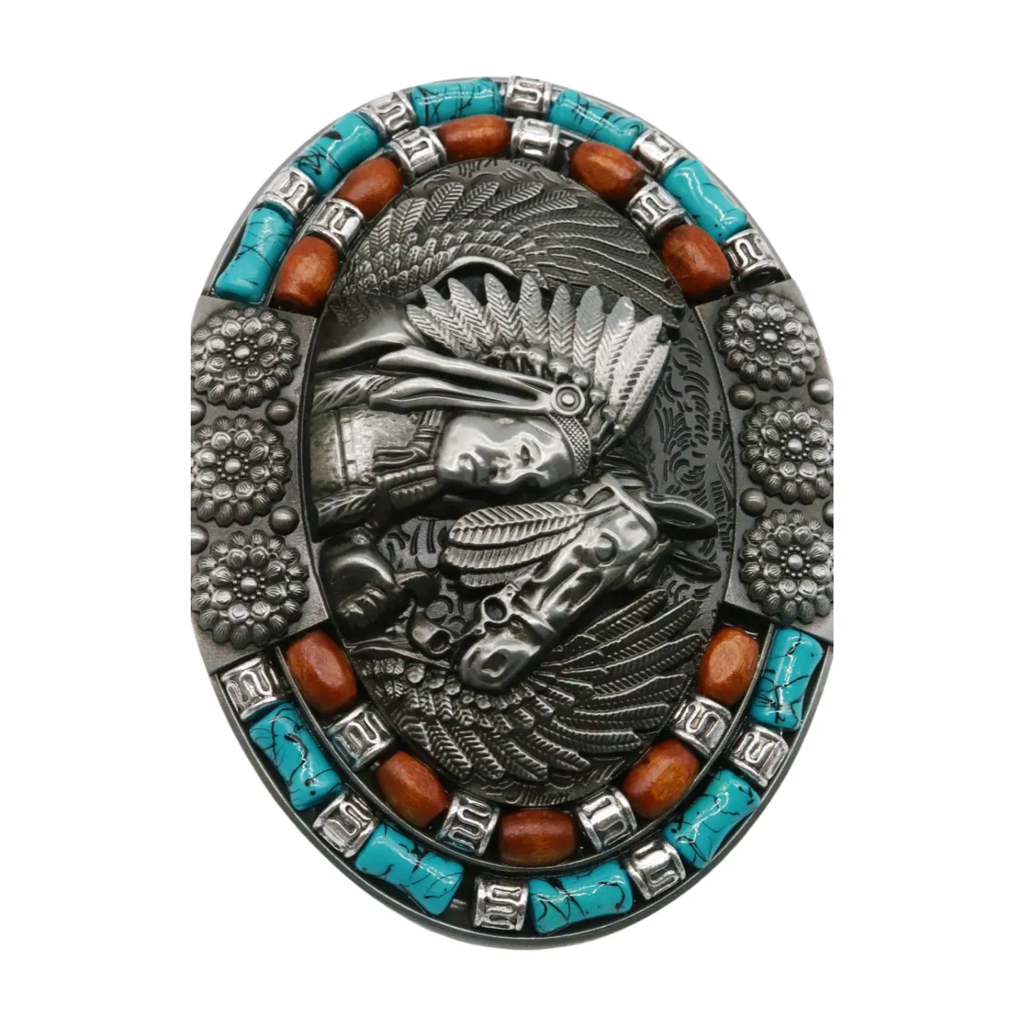 Beaded Native American Indian Chief & Horse Oval Metal Belt Buckle