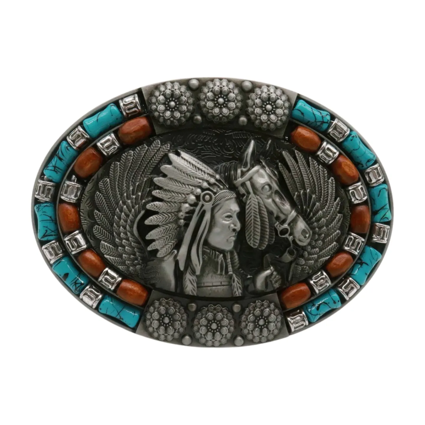 Beaded Native American Indian Chief & Horse Oval Metal Belt Buckle