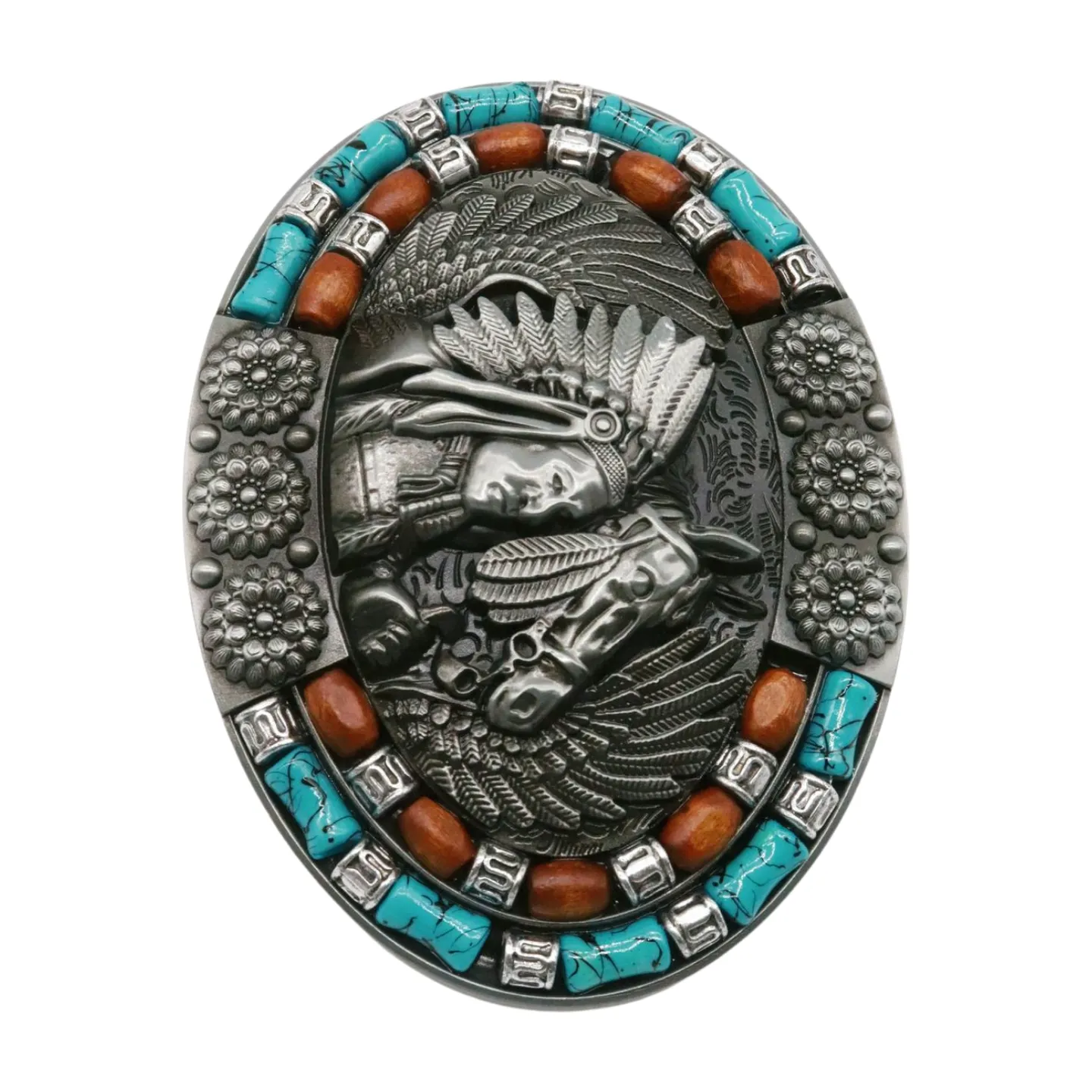 Beaded Native American Indian Chief & Horse Oval Metal Belt Buckle