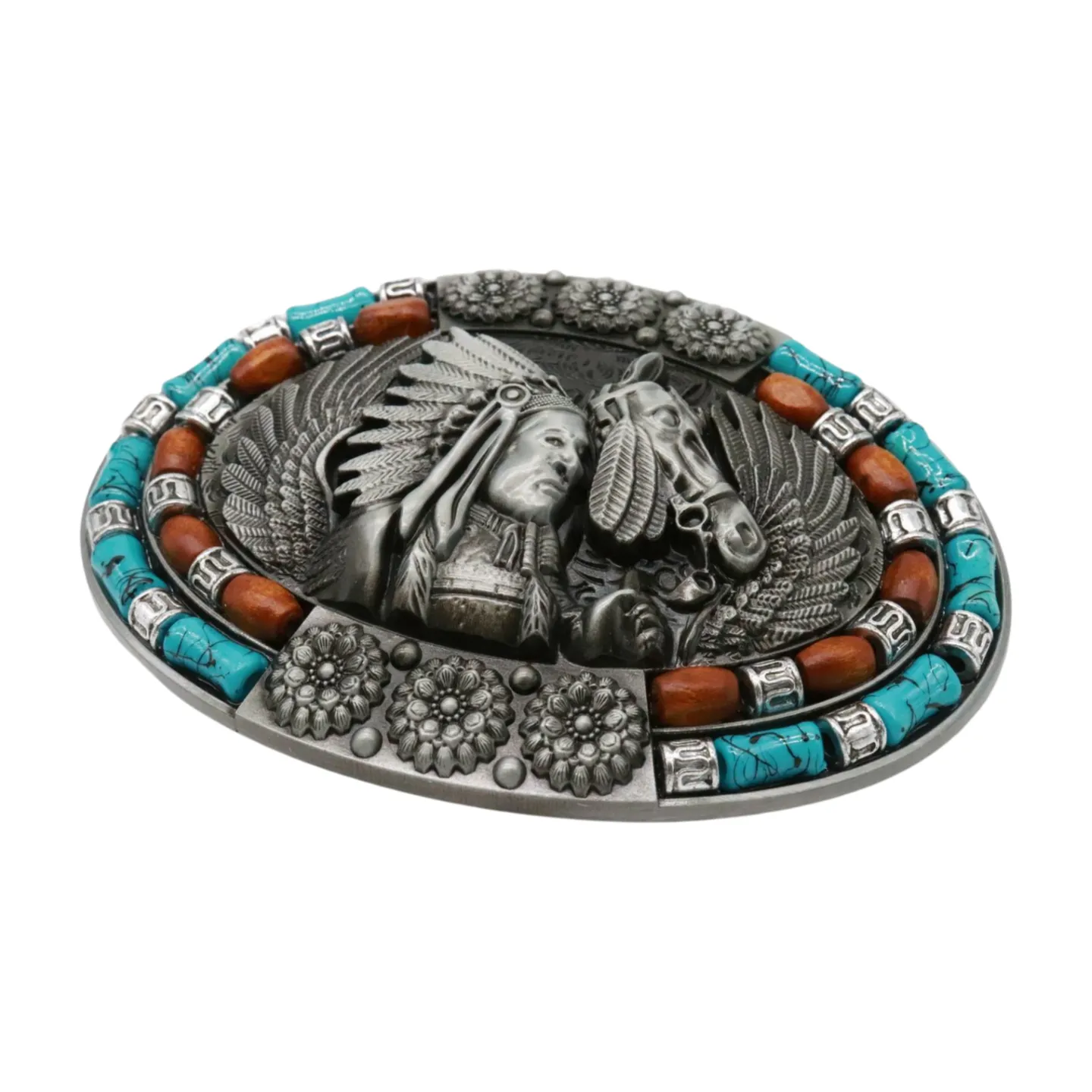 Beaded Native American Indian Chief & Horse Oval Metal Belt Buckle