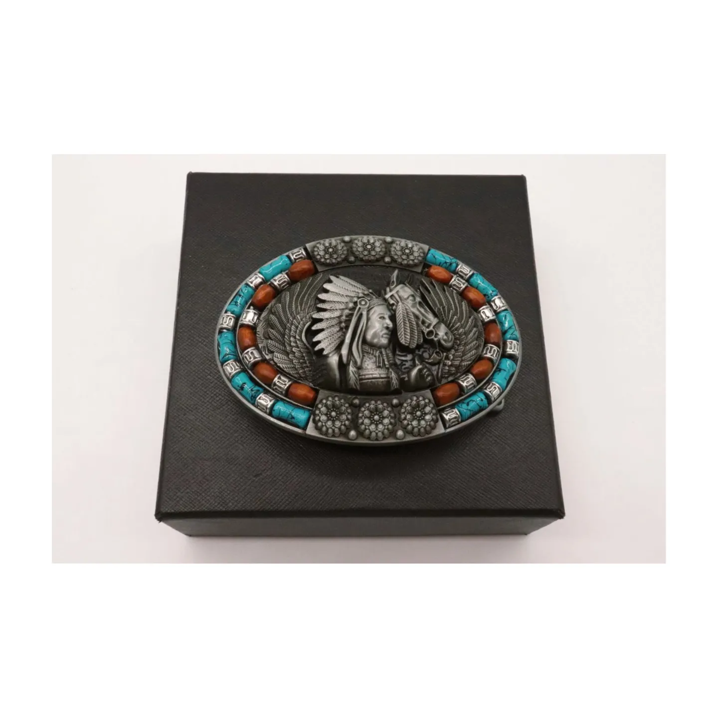 Beaded Native American Indian Chief & Horse Oval Metal Belt Buckle