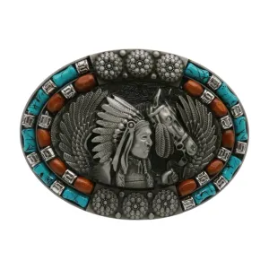 Beaded Native American Indian Chief & Horse Oval Metal Belt Buckle