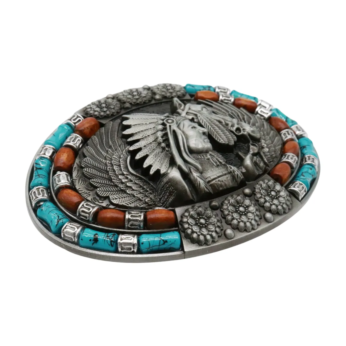 Beaded Native American Indian Chief & Horse Oval Metal Belt Buckle