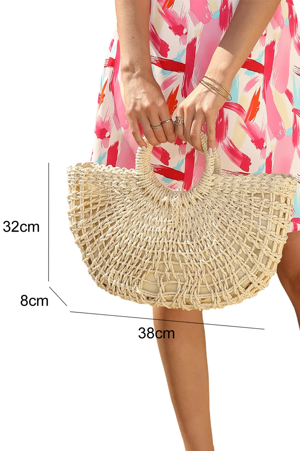 Beige Bamboo Weaving Semicircle Tote Handbag