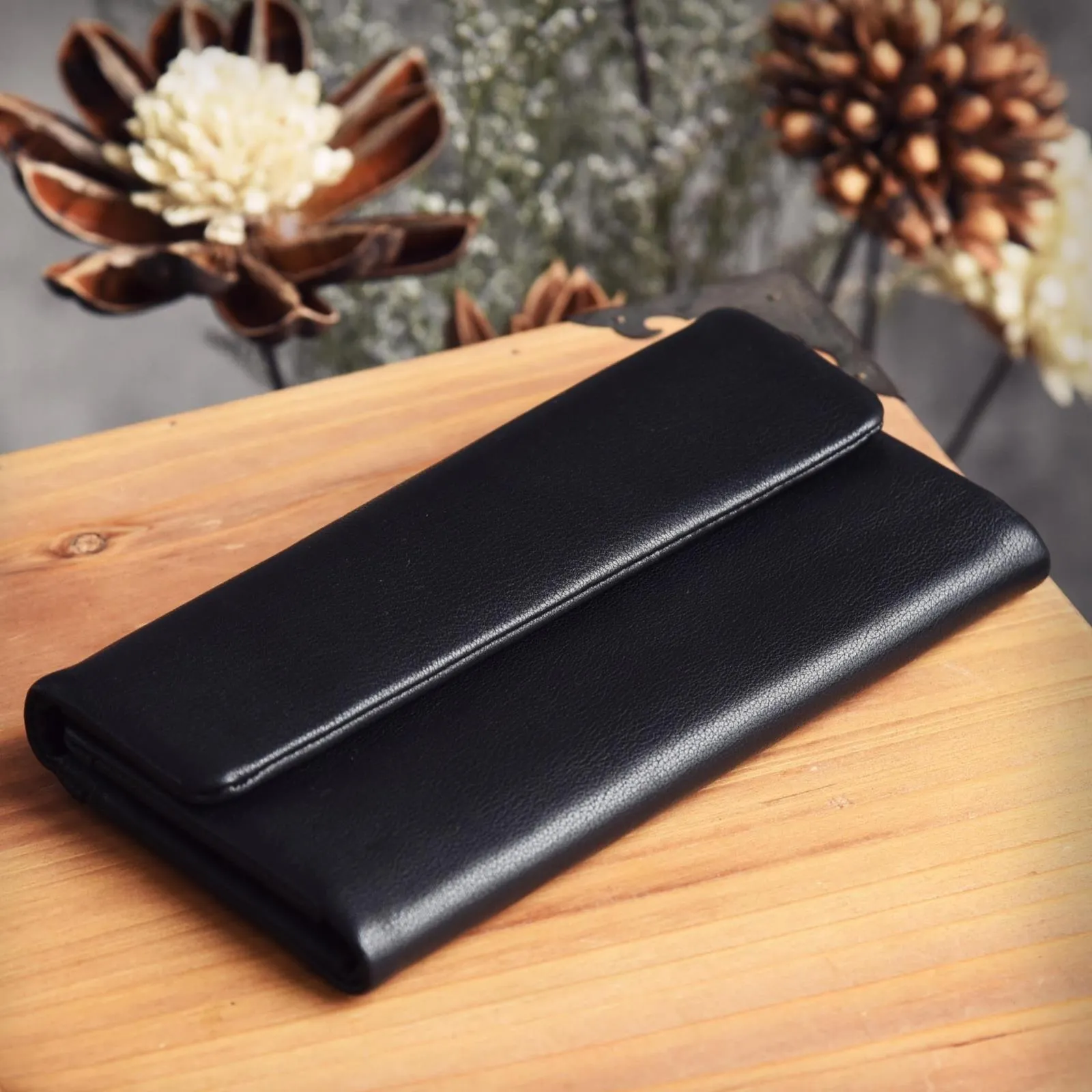 Black Leather Women Long Wallet Trifold Wallet For Women