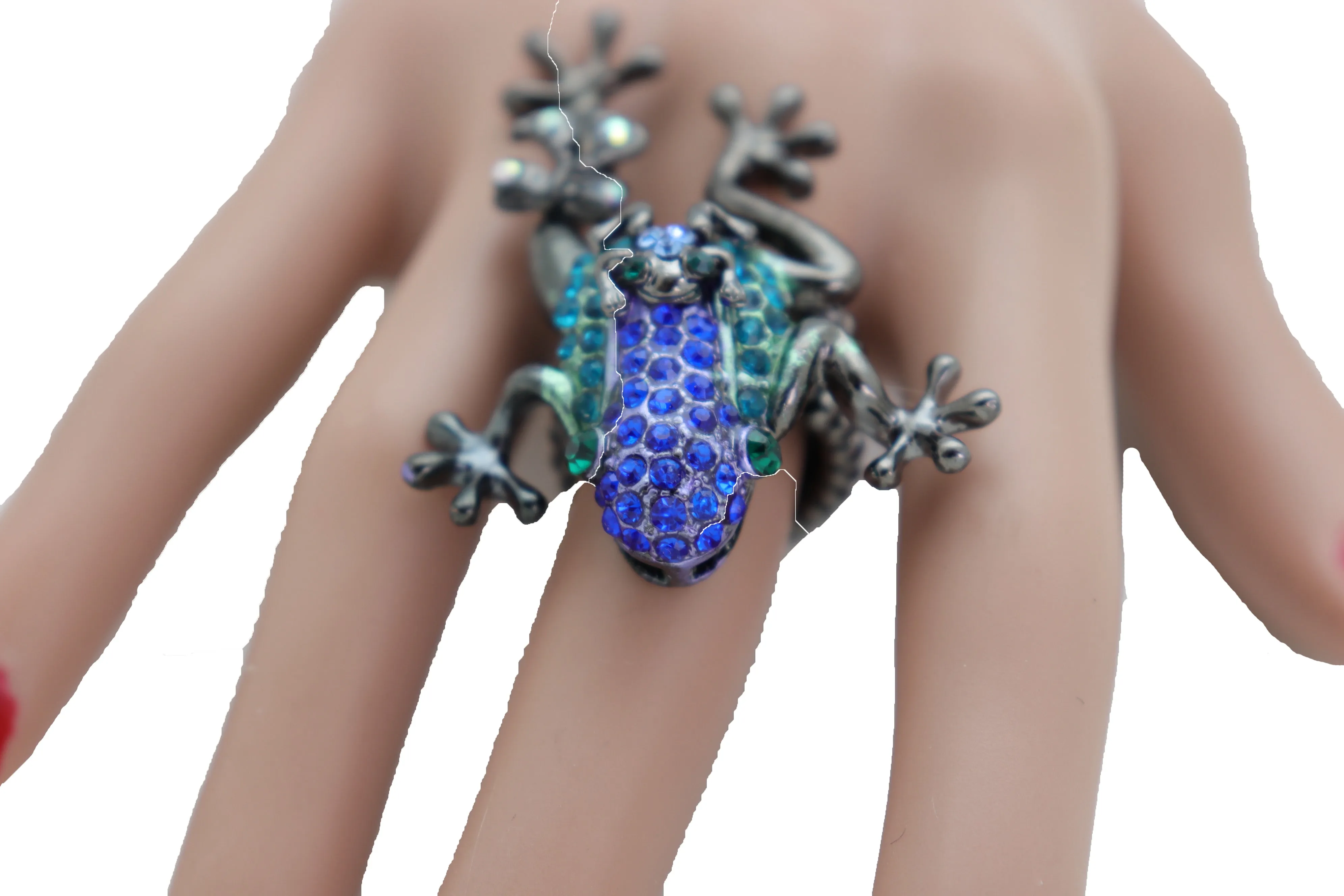 Blue & Green Rhinestone Frog Pewter Band Ring