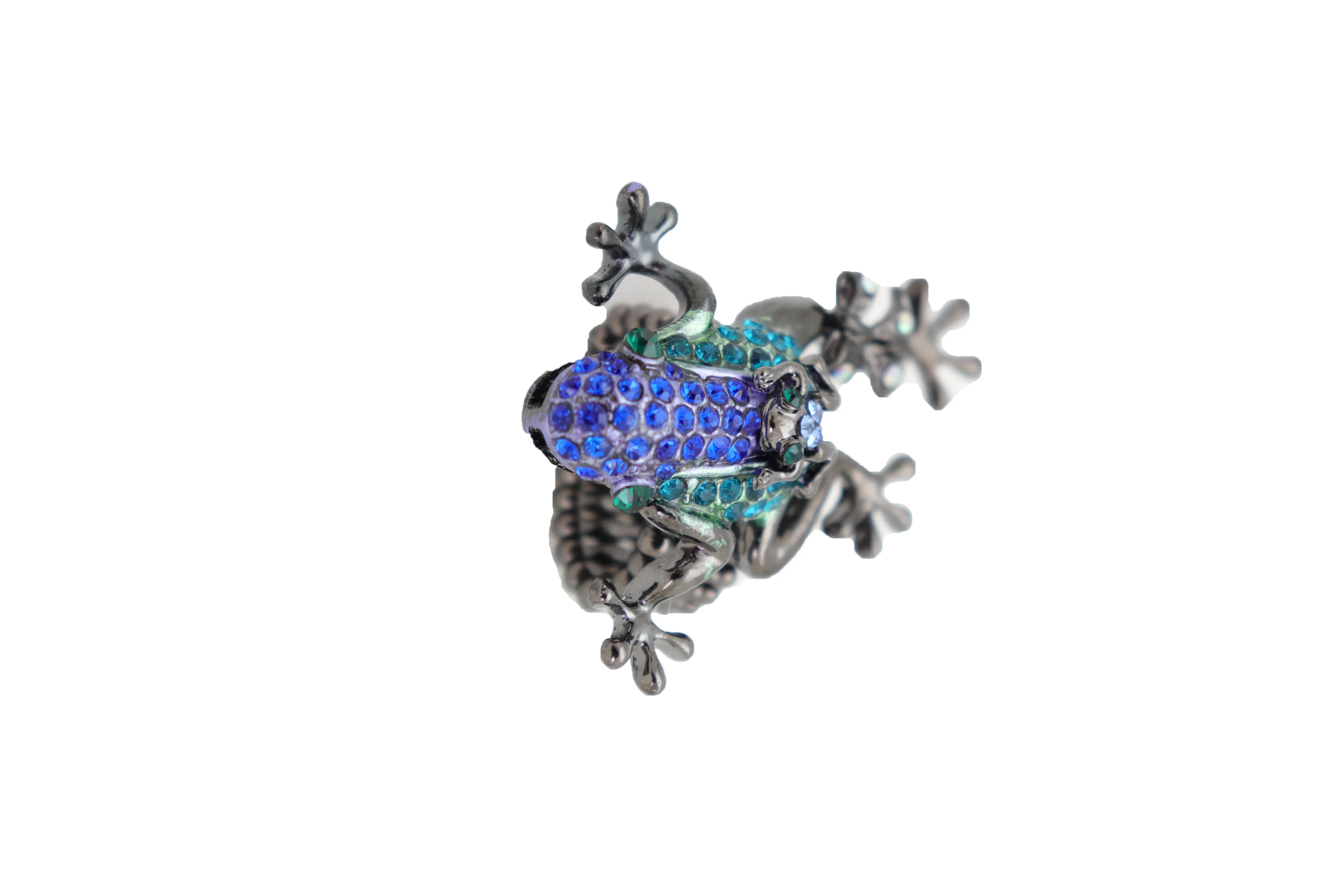 Blue & Green Rhinestone Frog Pewter Band Ring