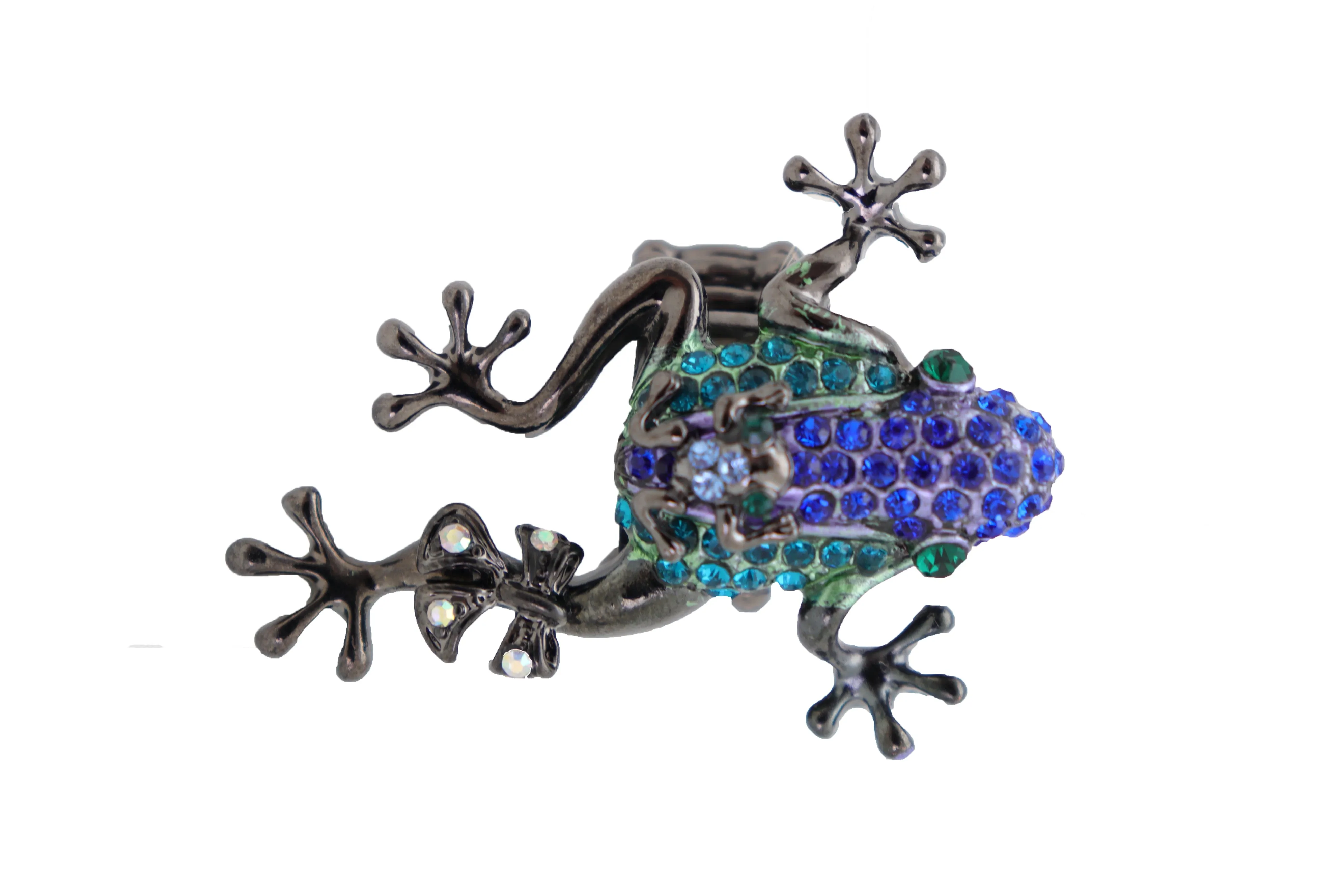 Blue & Green Rhinestone Frog Pewter Band Ring