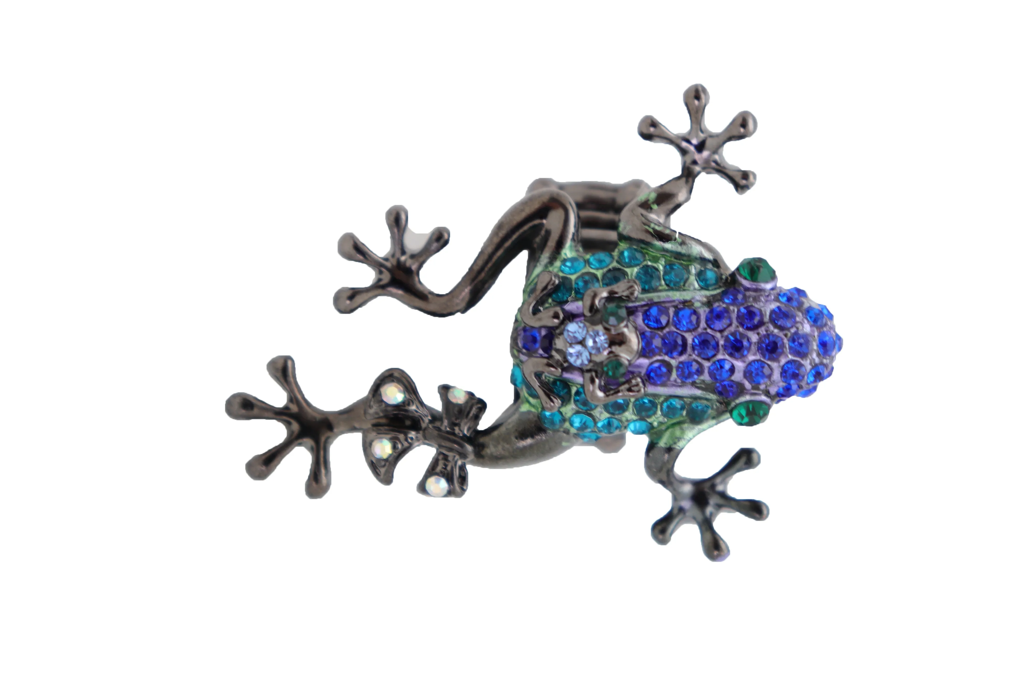 Blue & Green Rhinestone Frog Pewter Band Ring