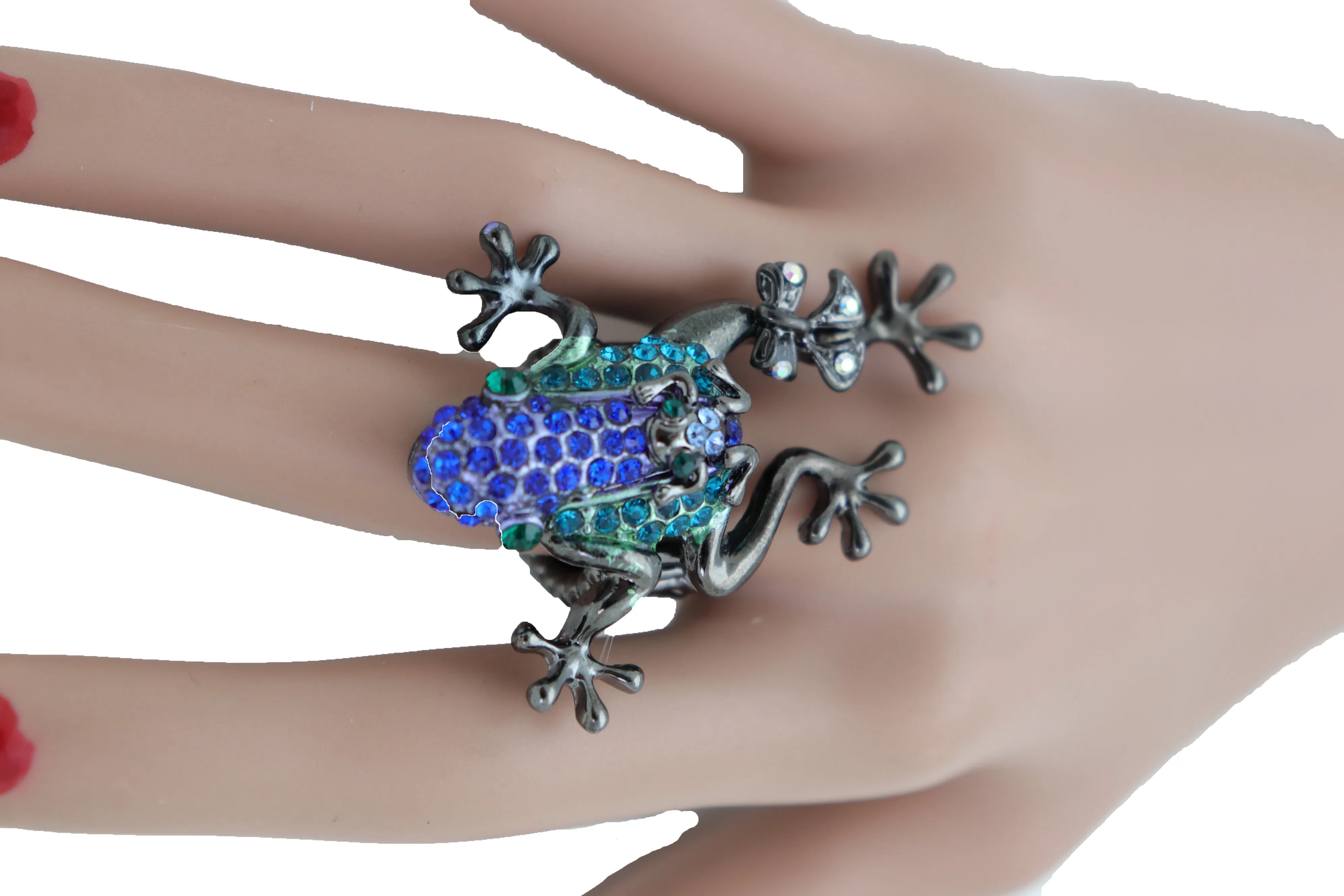 Blue & Green Rhinestone Frog Pewter Band Ring