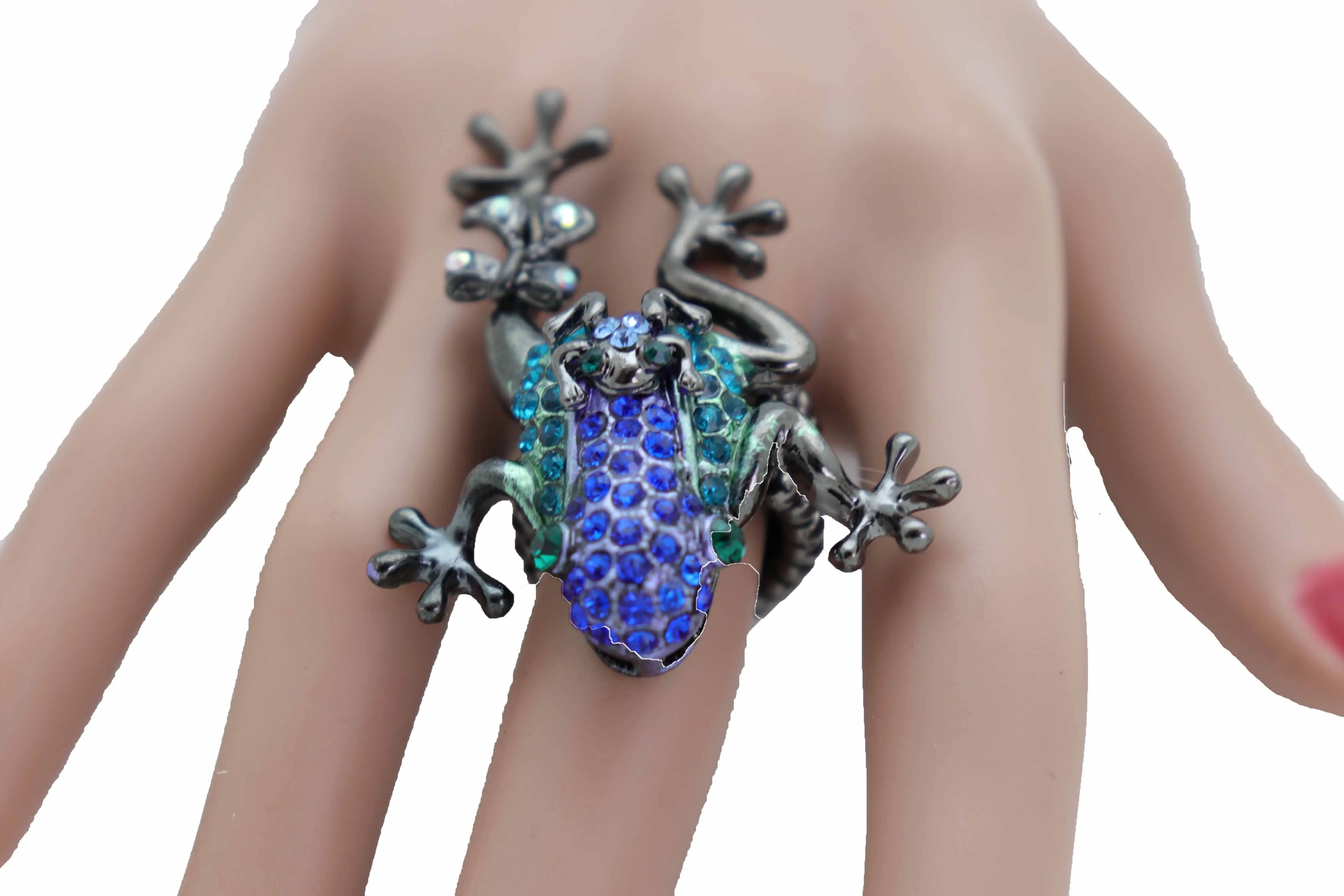 Blue & Green Rhinestone Frog Pewter Band Ring