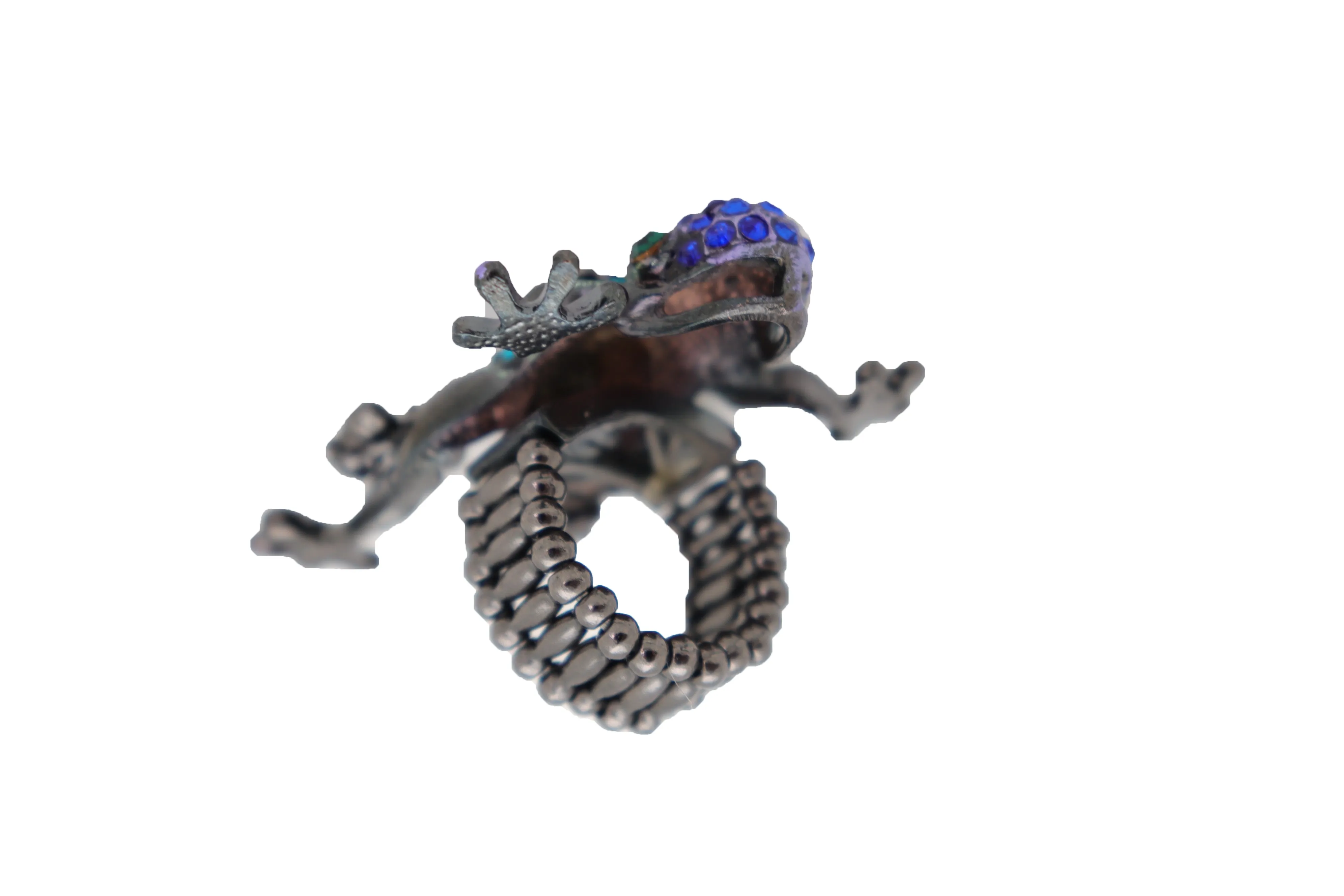 Blue & Green Rhinestone Frog Pewter Band Ring