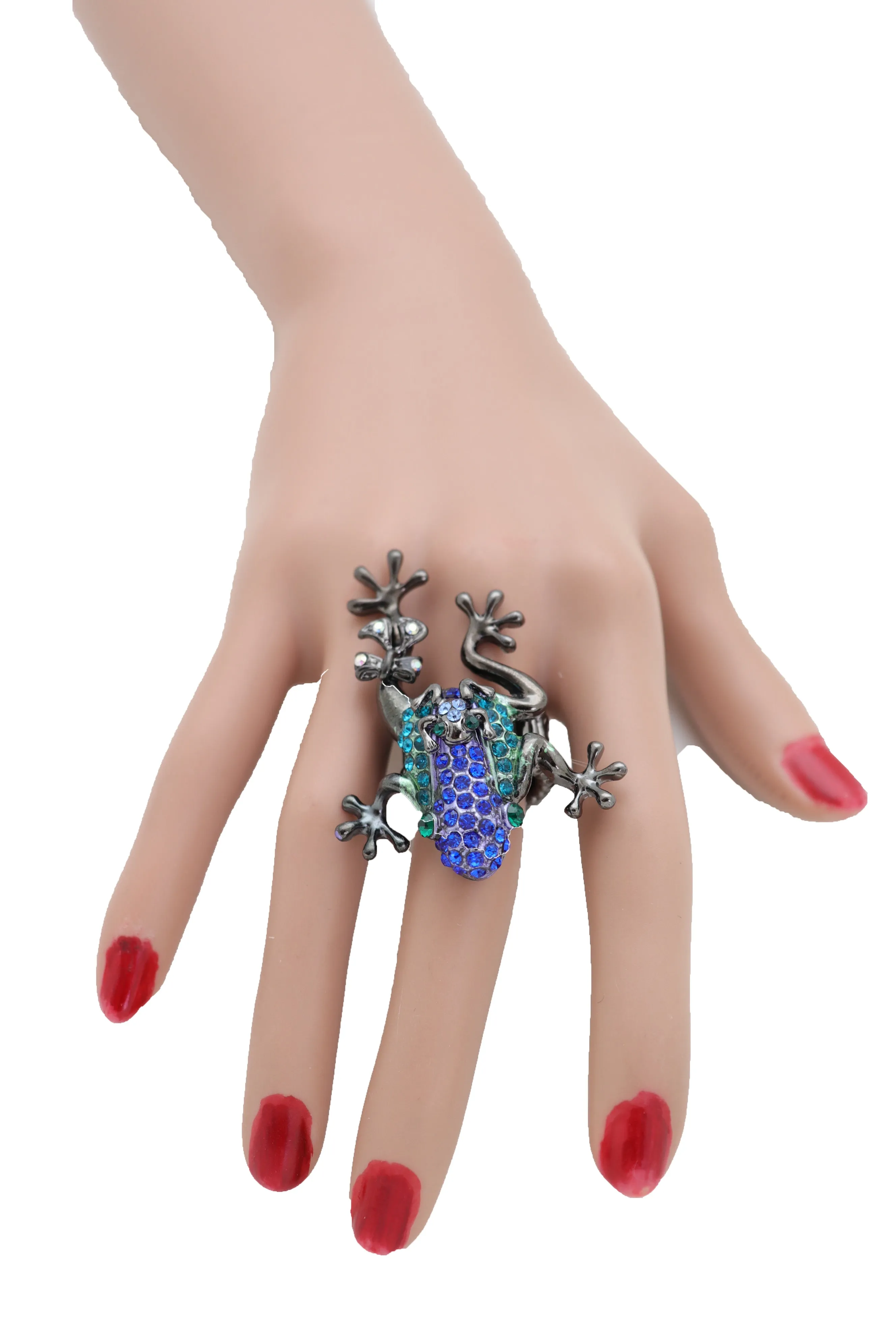 Blue & Green Rhinestone Frog Pewter Band Ring