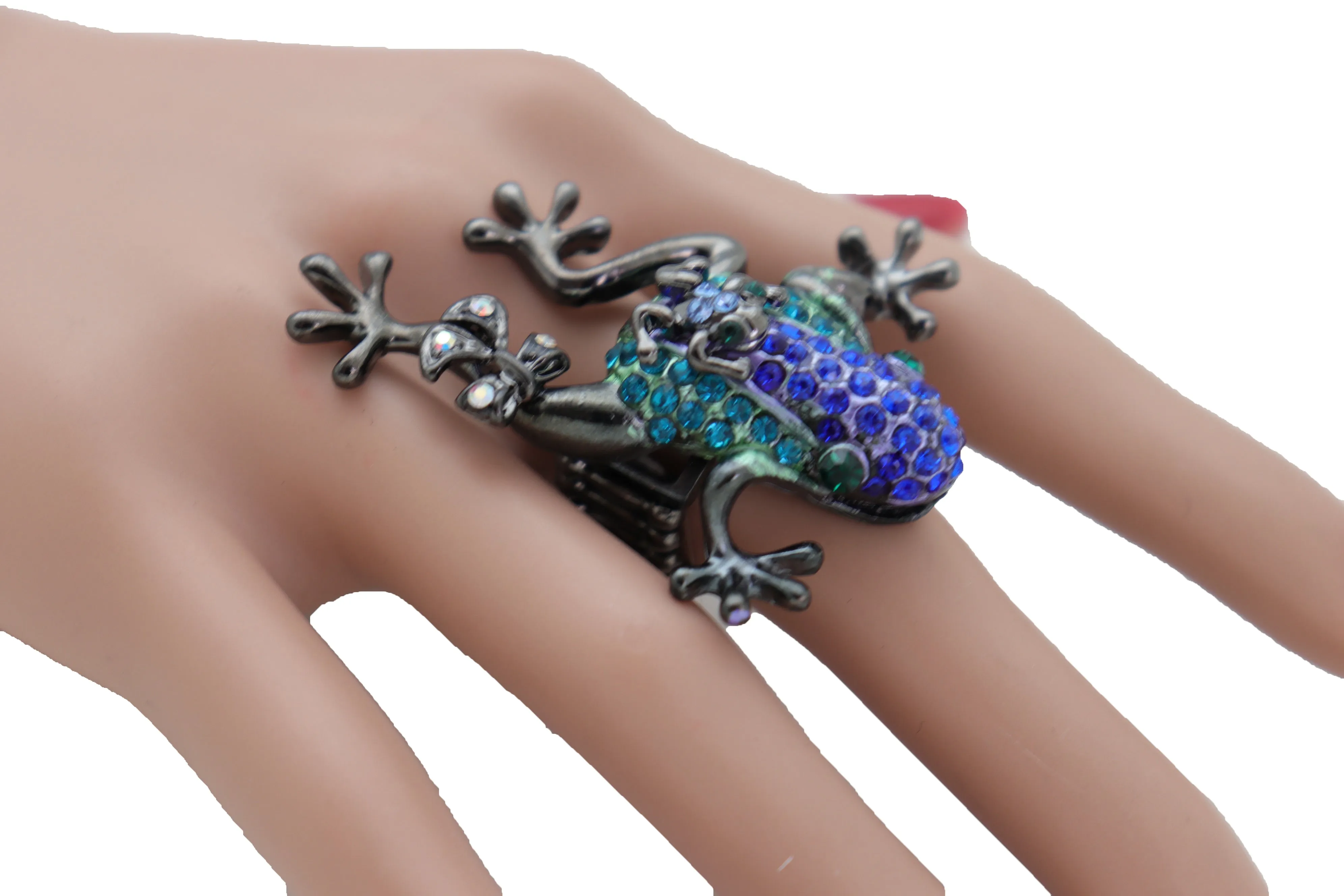 Blue & Green Rhinestone Frog Pewter Band Ring