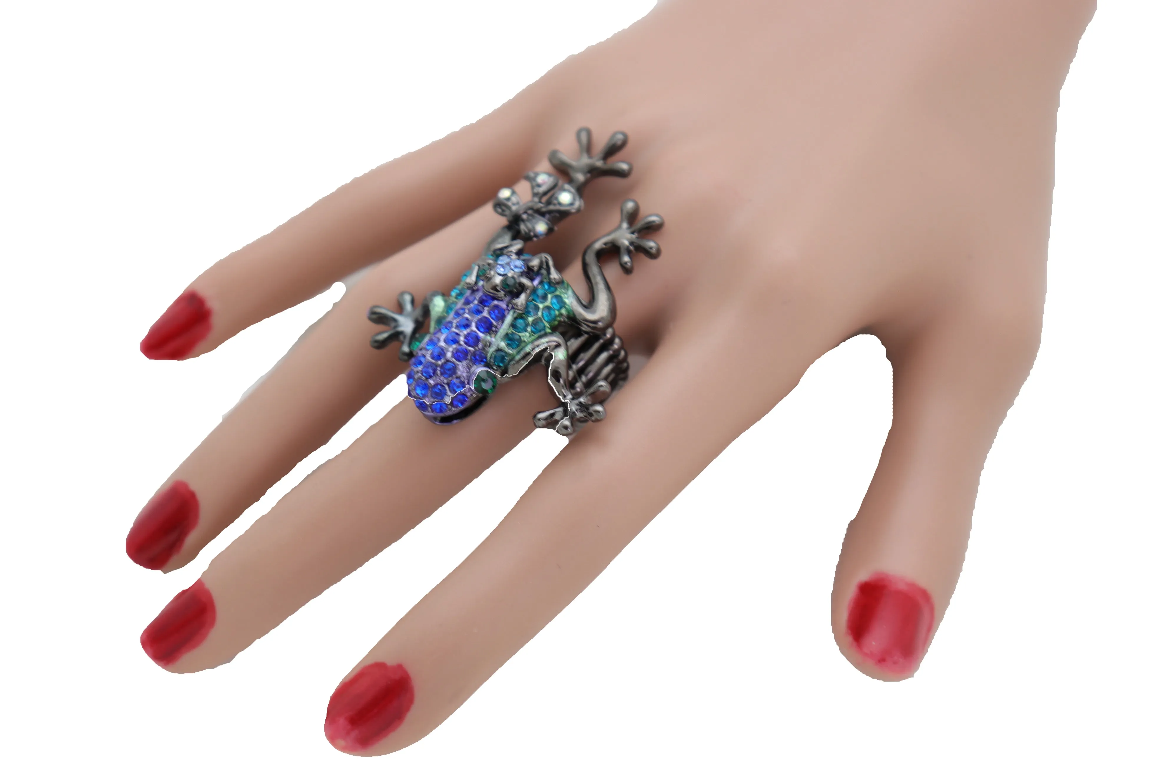 Blue & Green Rhinestone Frog Pewter Band Ring