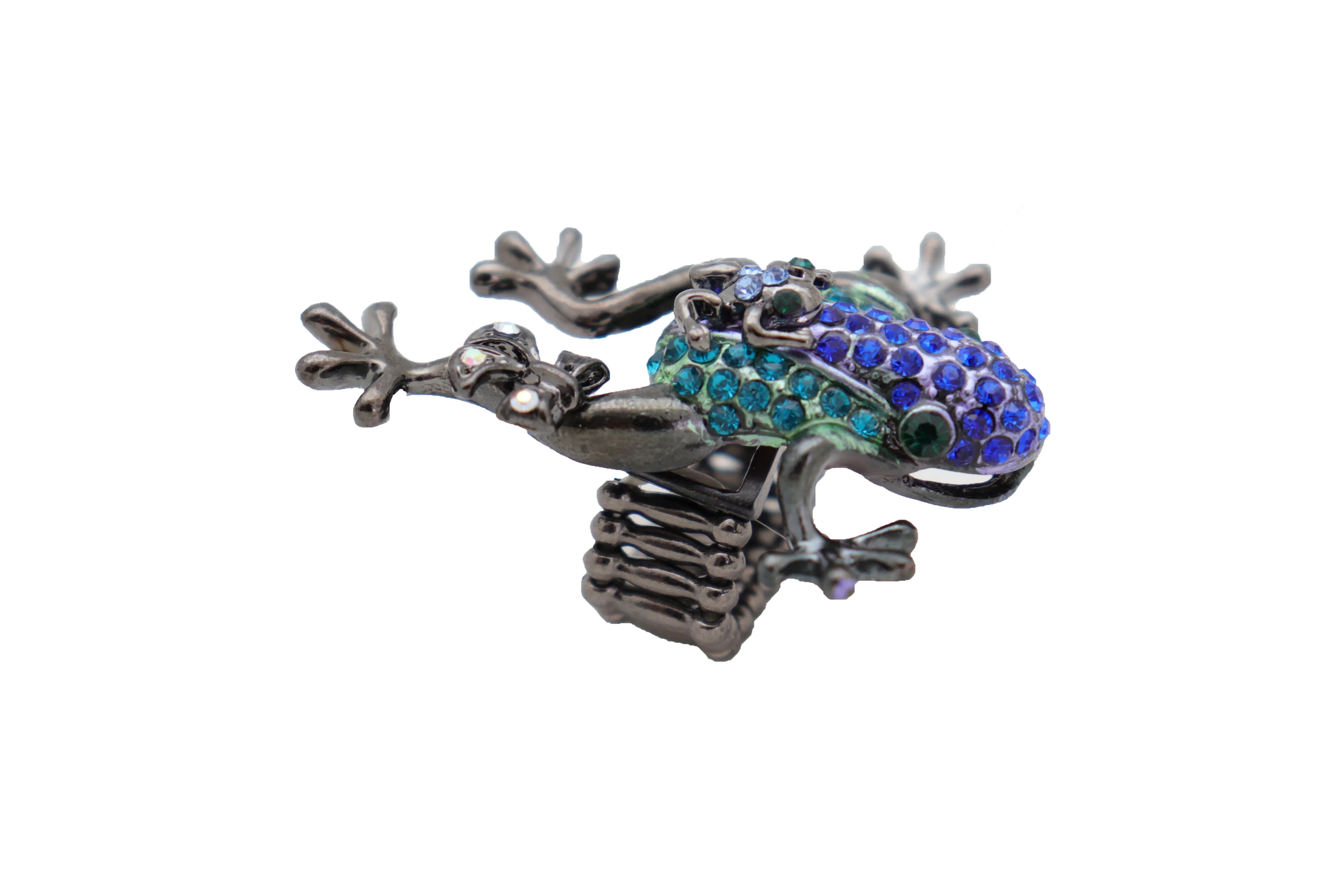 Blue & Green Rhinestone Frog Pewter Band Ring