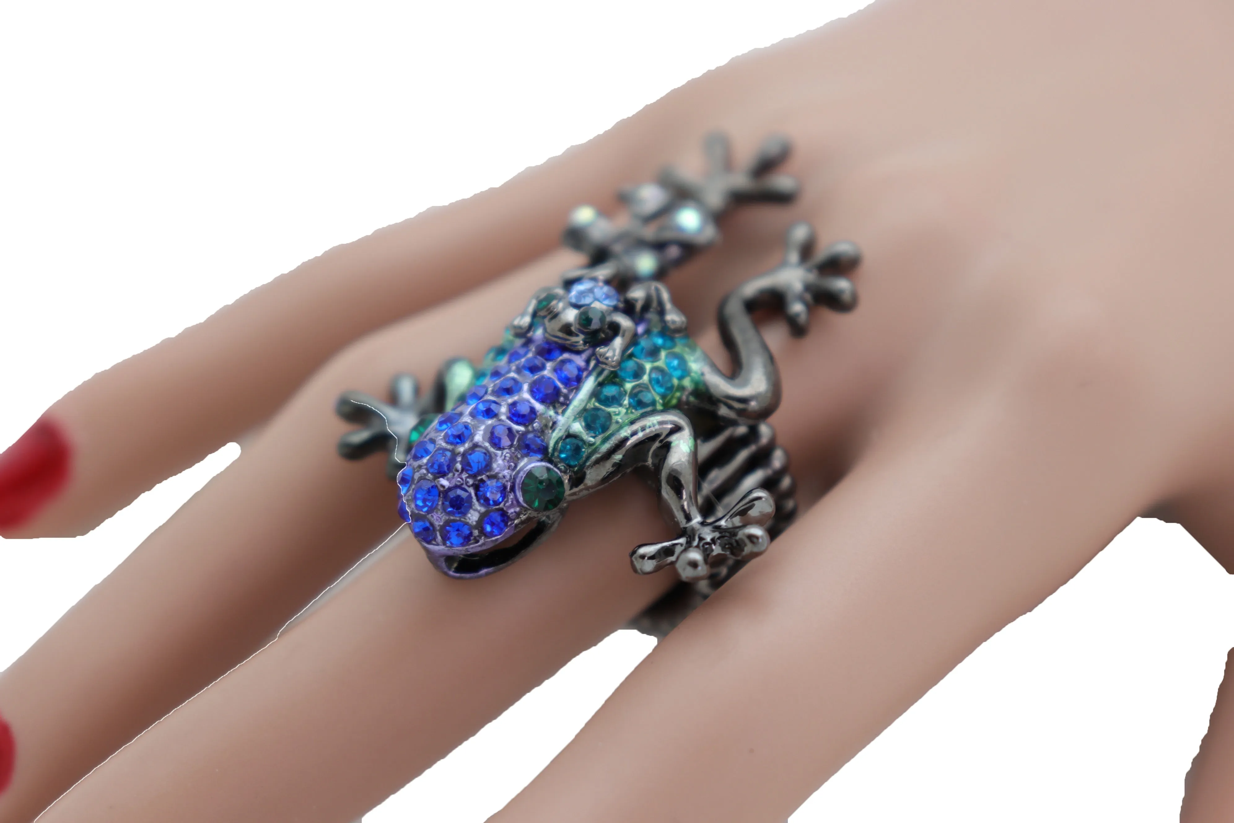 Blue & Green Rhinestone Frog Pewter Band Ring