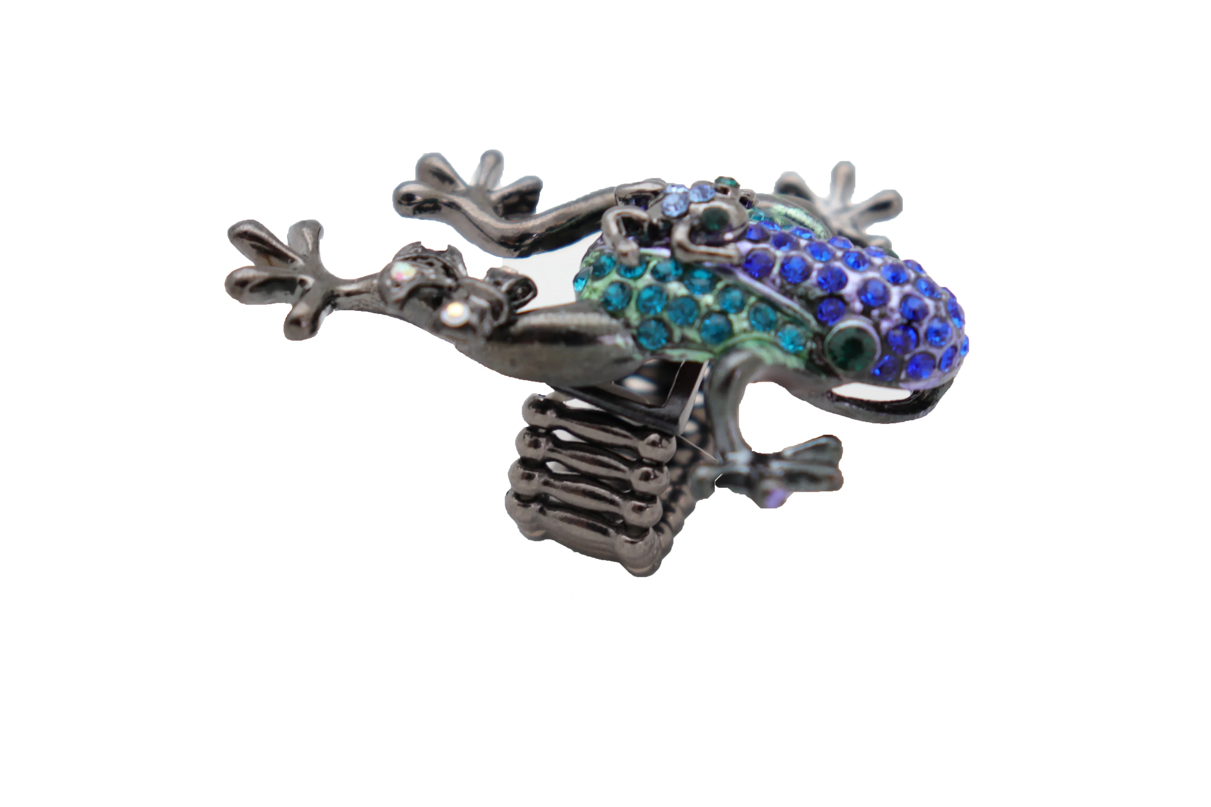 Blue & Green Rhinestone Frog Pewter Band Ring