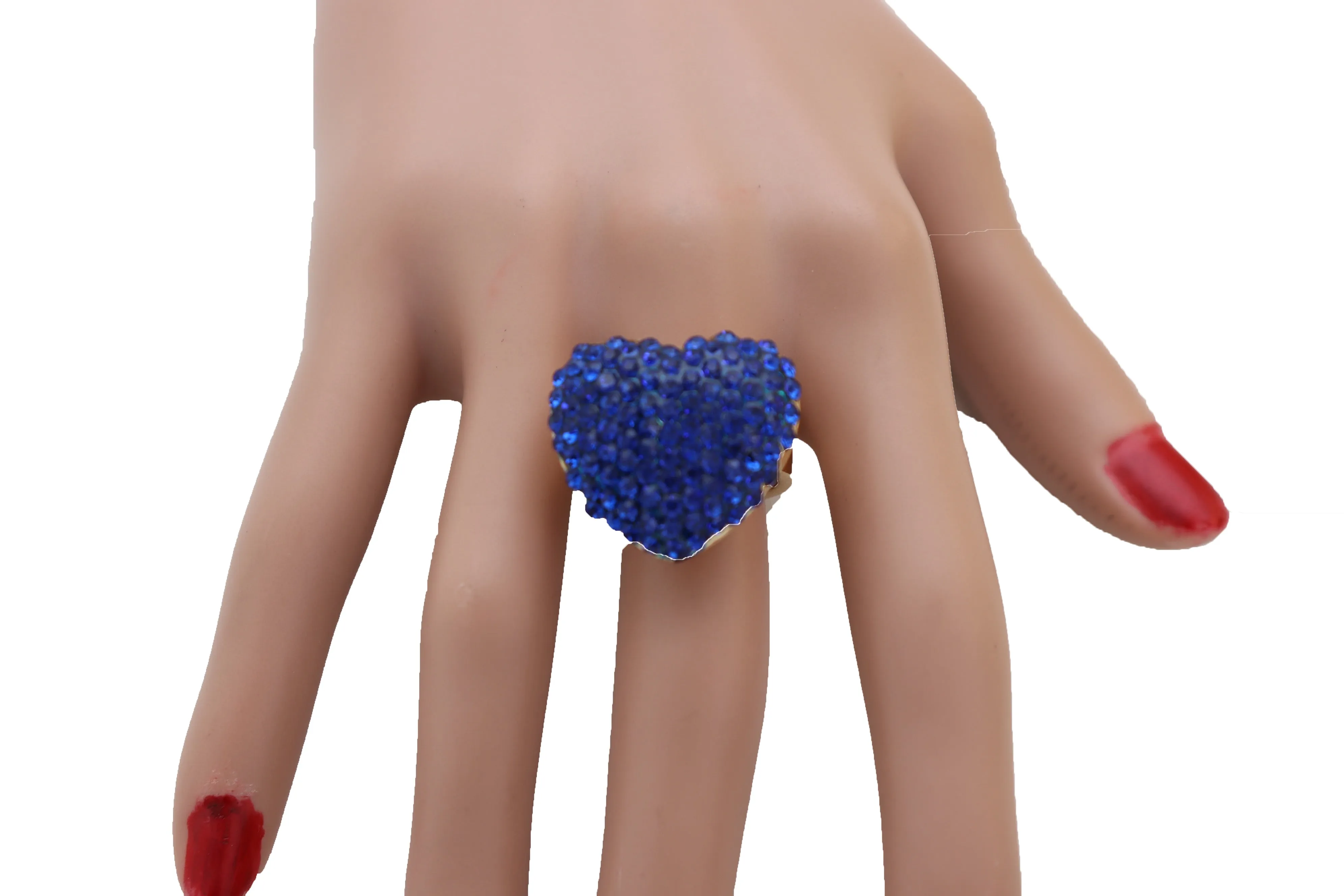 Blue Rhinestone Covered Heart Shaped Ring Size 7.5