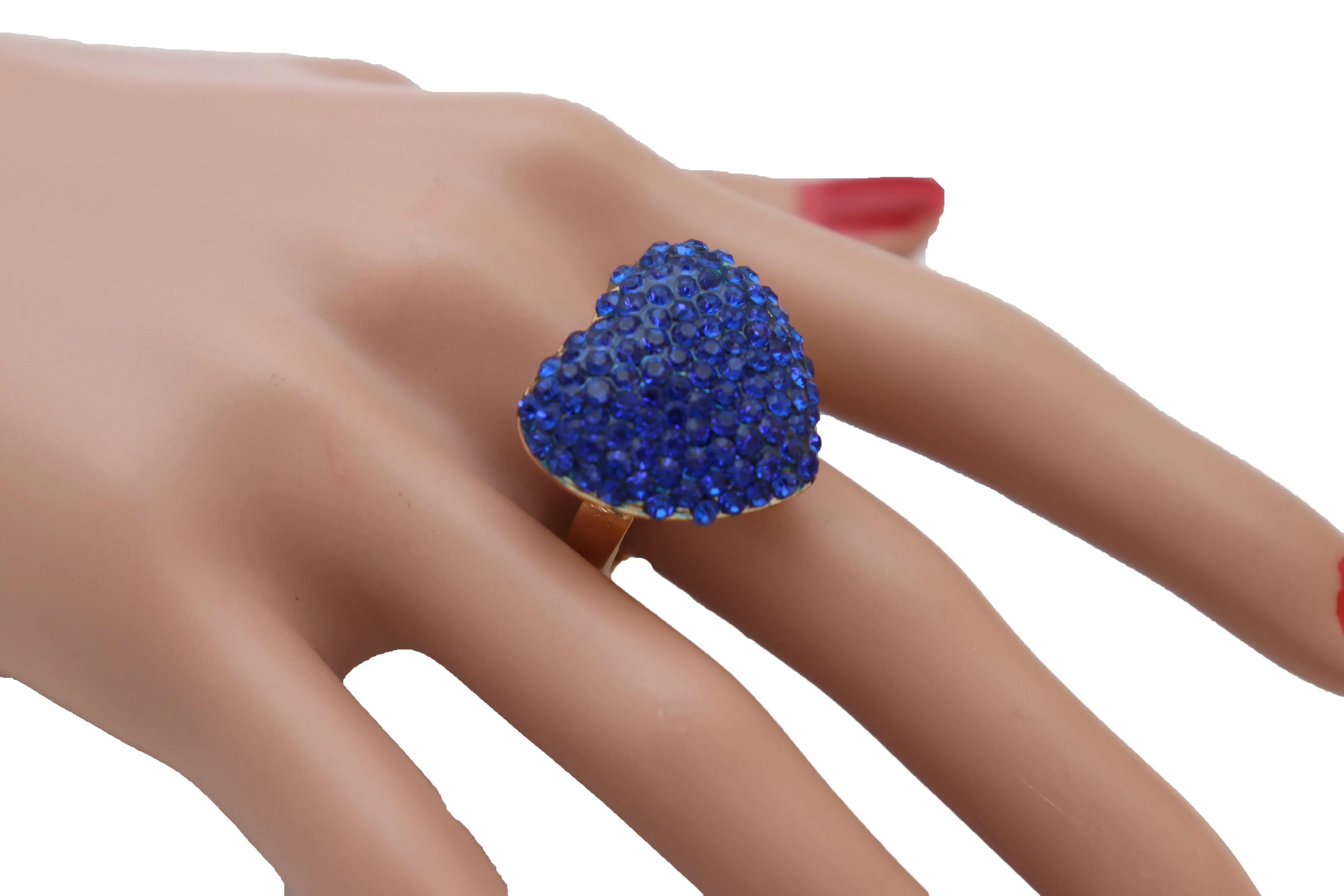 Blue Rhinestone Covered Heart Shaped Ring Size 7.5