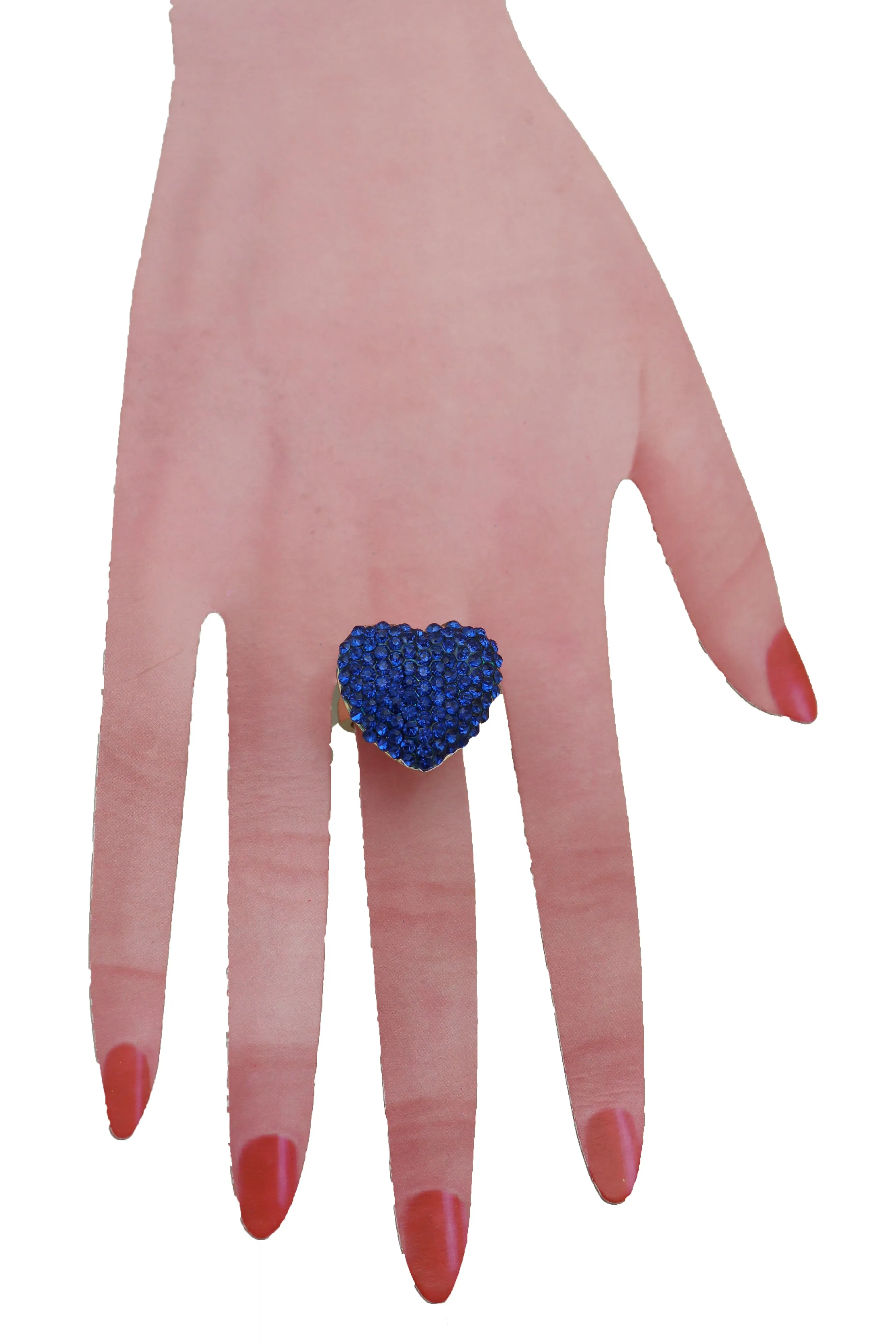 Blue Rhinestone Covered Heart Shaped Ring Size 7.5