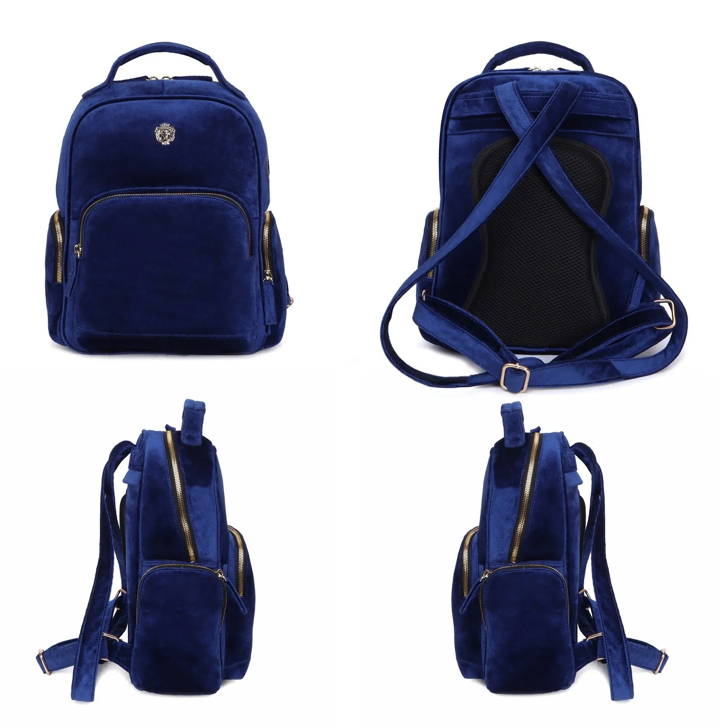 Blue Velvet Women's Backpack Multi-Step Pockets Signature Lion Logo By Brune & Bareskin