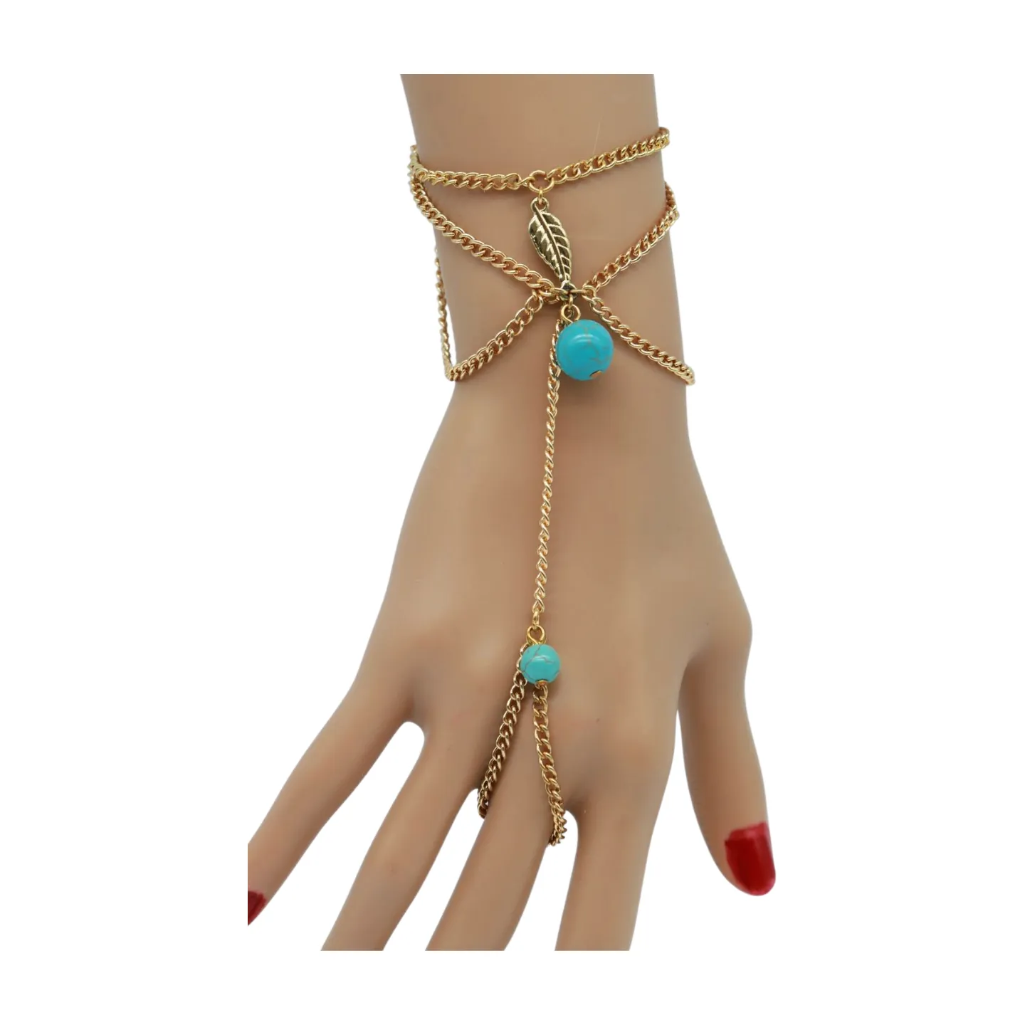 Bracelet Gold Metal Hand Chain Leaf Turquoise Blue Beads One Size