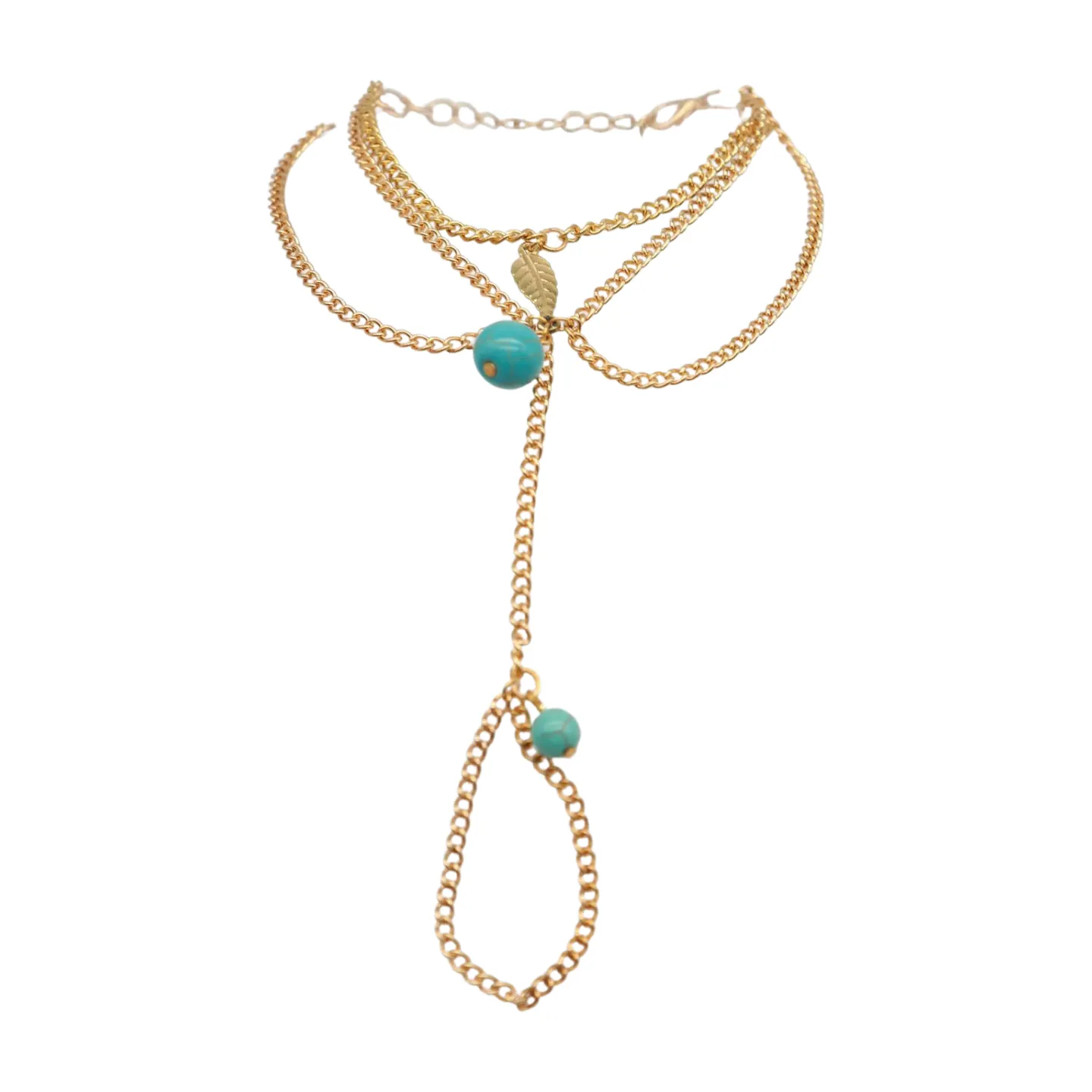 Bracelet Gold Metal Hand Chain Leaf Turquoise Blue Beads One Size