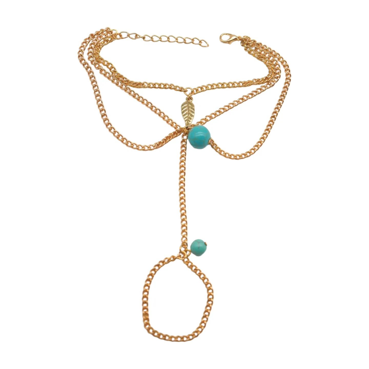 Bracelet Gold Metal Hand Chain Leaf Turquoise Blue Beads One Size