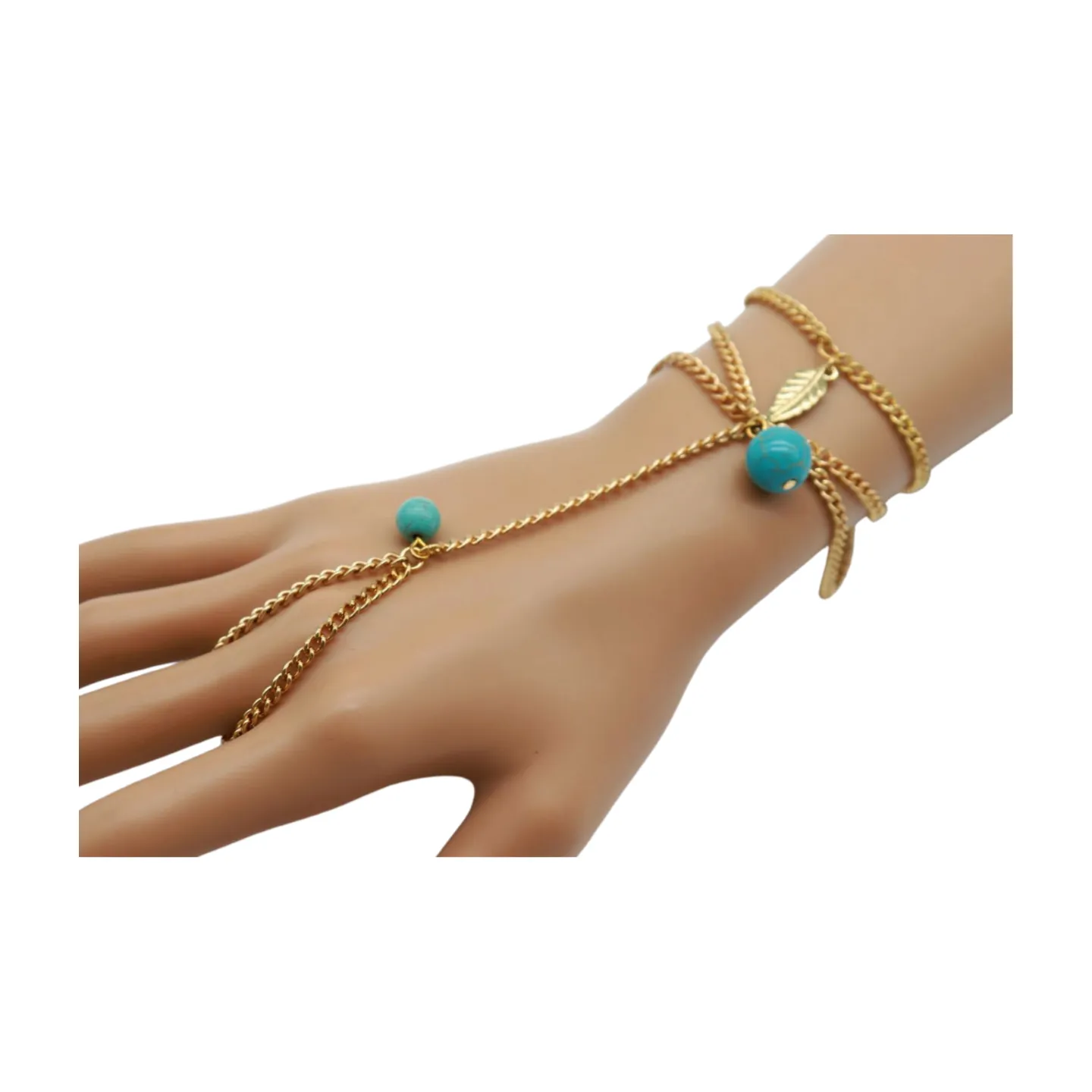 Bracelet Gold Metal Hand Chain Leaf Turquoise Blue Beads One Size