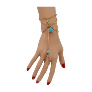 Bracelet Gold Metal Hand Chain Leaf Turquoise Blue Beads One Size