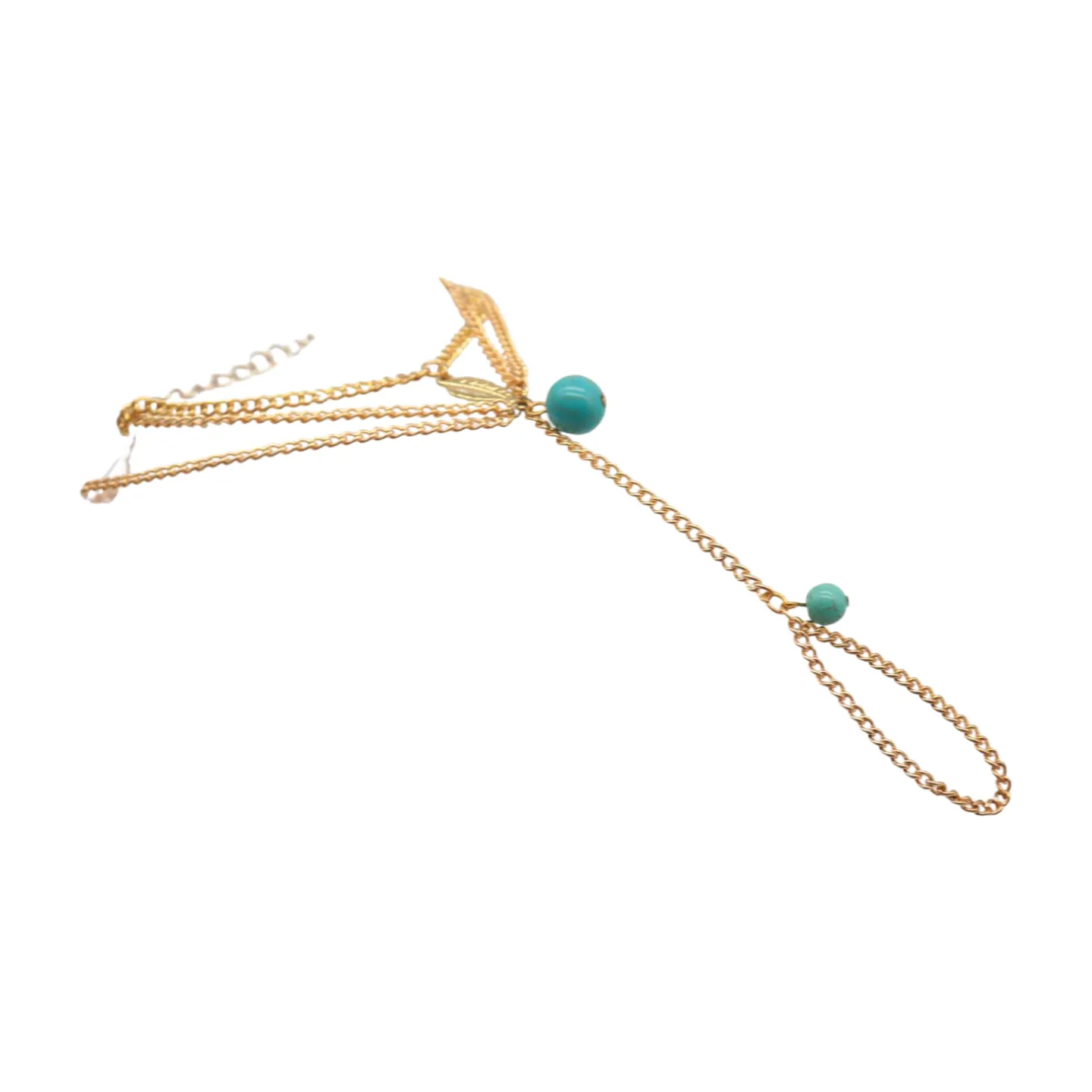 Bracelet Gold Metal Hand Chain Leaf Turquoise Blue Beads One Size