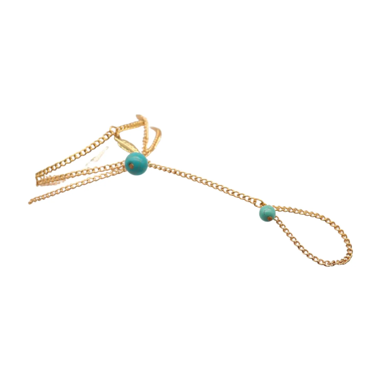 Bracelet Gold Metal Hand Chain Leaf Turquoise Blue Beads One Size