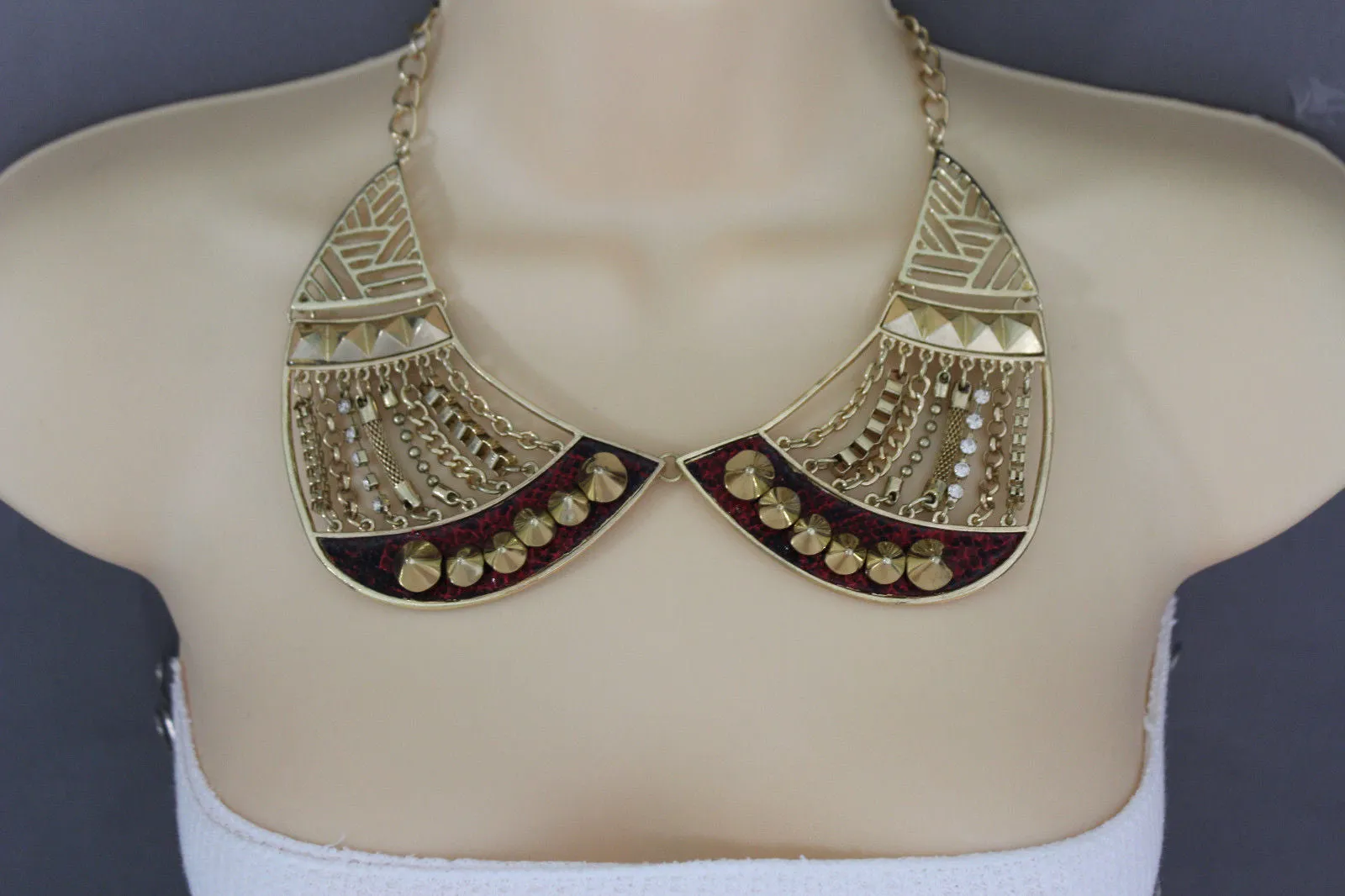 Bronze Or Gold Short Big Metal Chains Collar Spikes Necklace Earrings Set