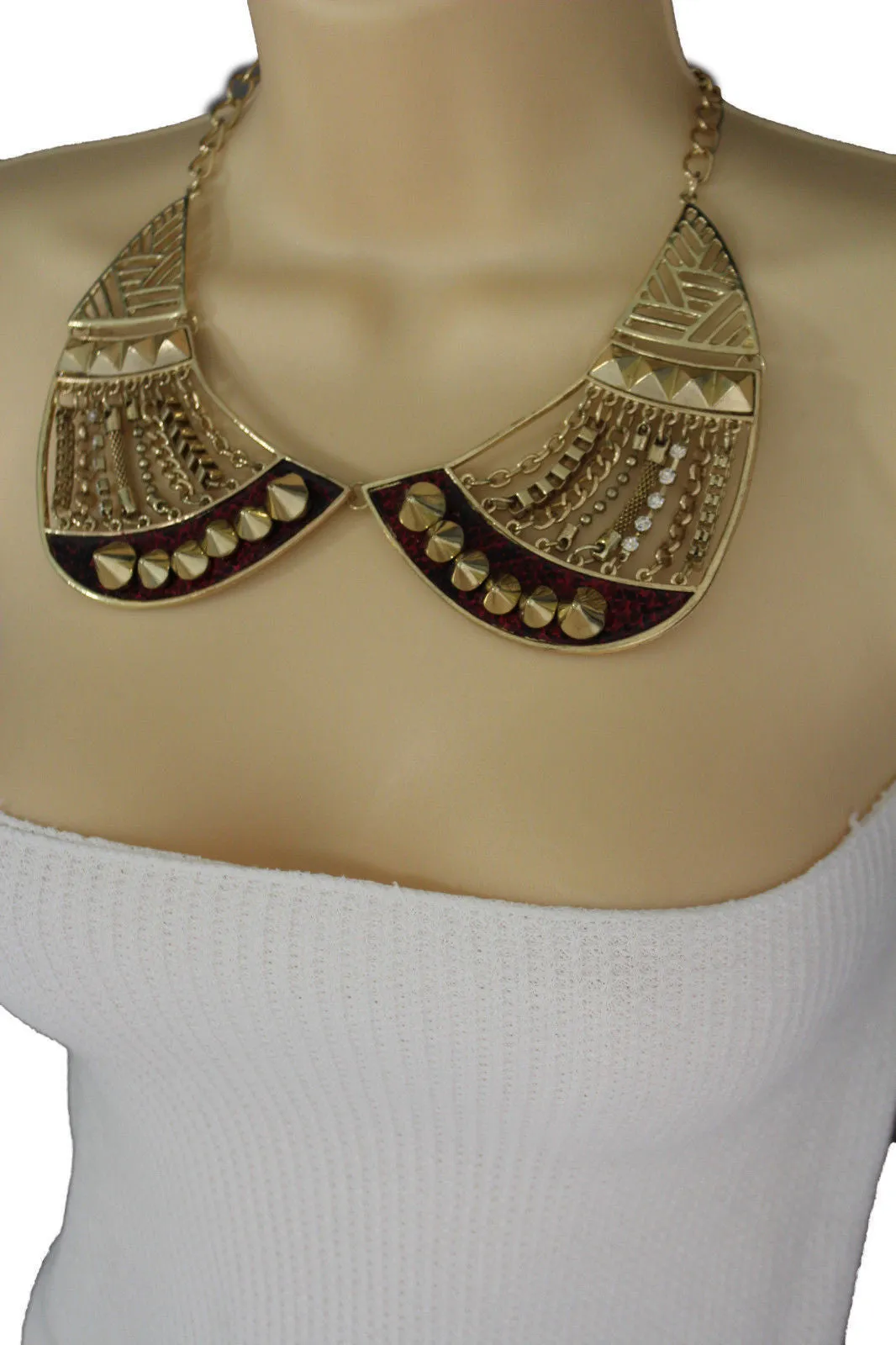 Bronze Or Gold Short Big Metal Chains Collar Spikes Necklace Earrings Set