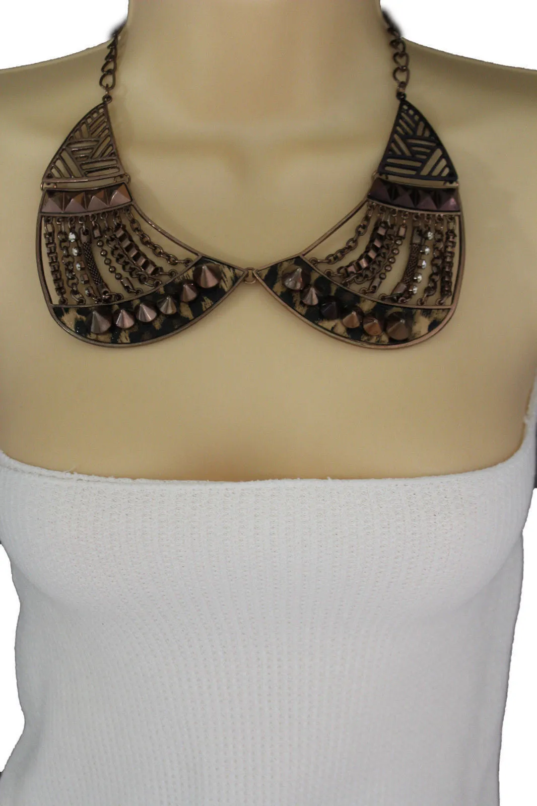 Bronze Or Gold Short Big Metal Chains Collar Spikes Necklace Earrings Set