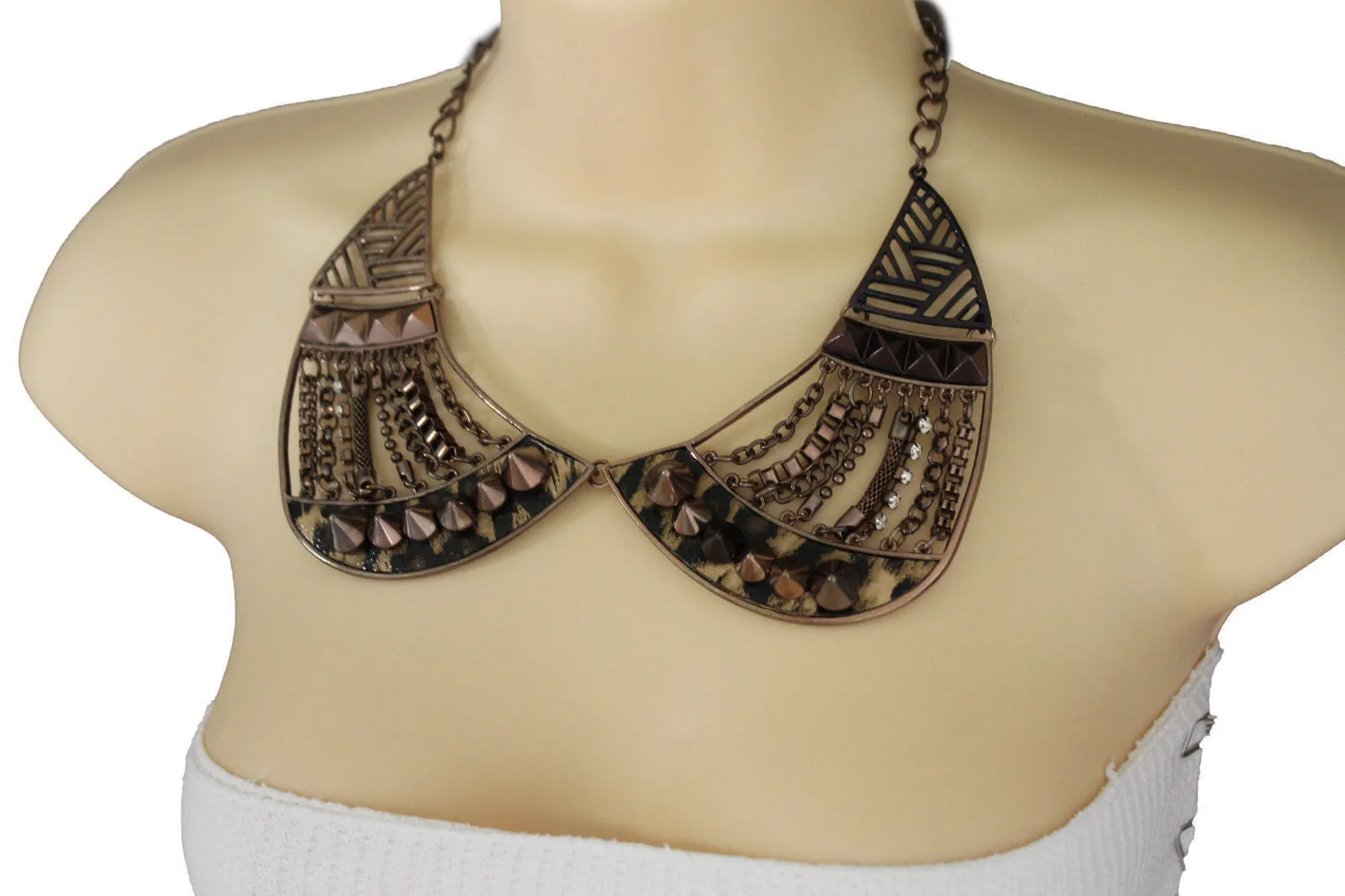 Bronze Or Gold Short Big Metal Chains Collar Spikes Necklace Earrings Set